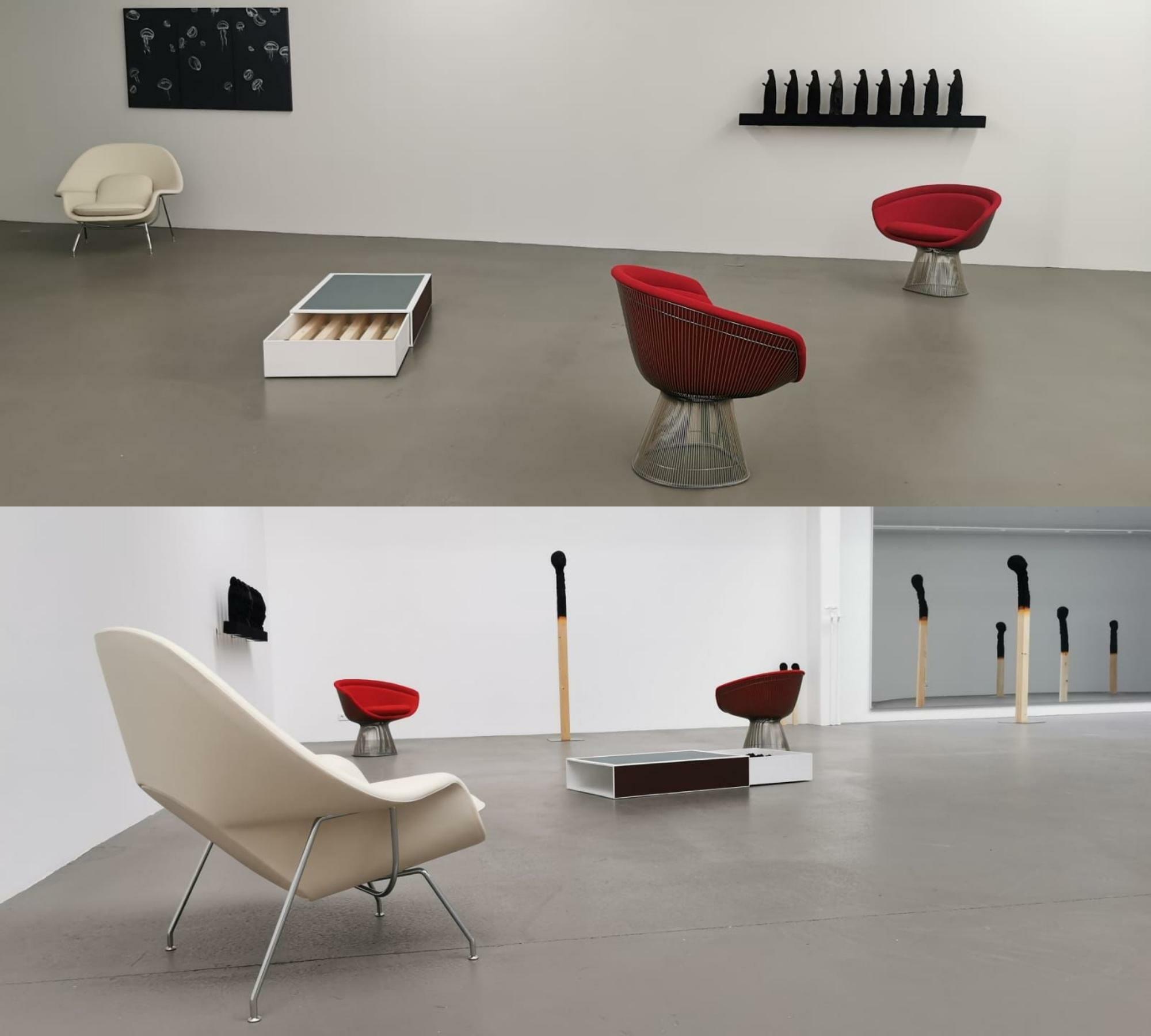 Platner Lounge Chair aus Stahl Bezug Rot 1