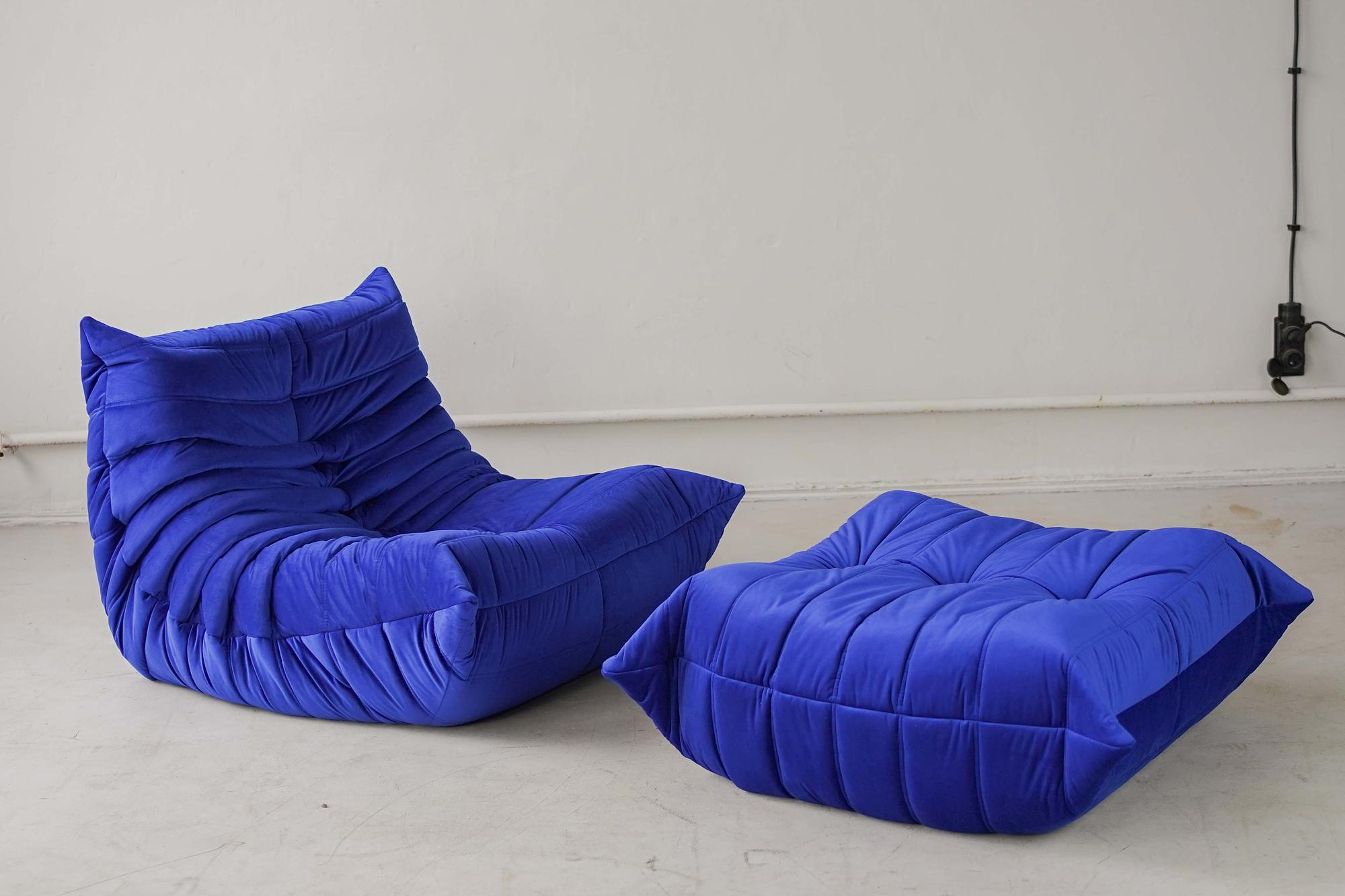 Togo Armchair and Ottoman Set Velvet Cobalt Blue 0