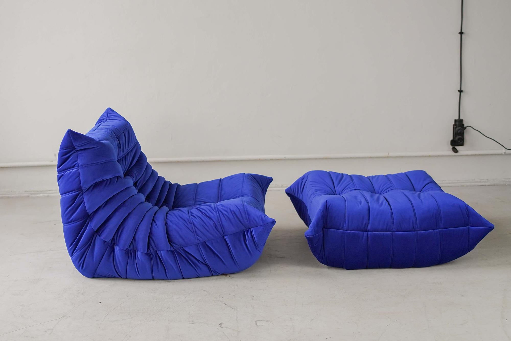 Togo Armchair and Ottoman Set Velvet Cobalt Blue 1