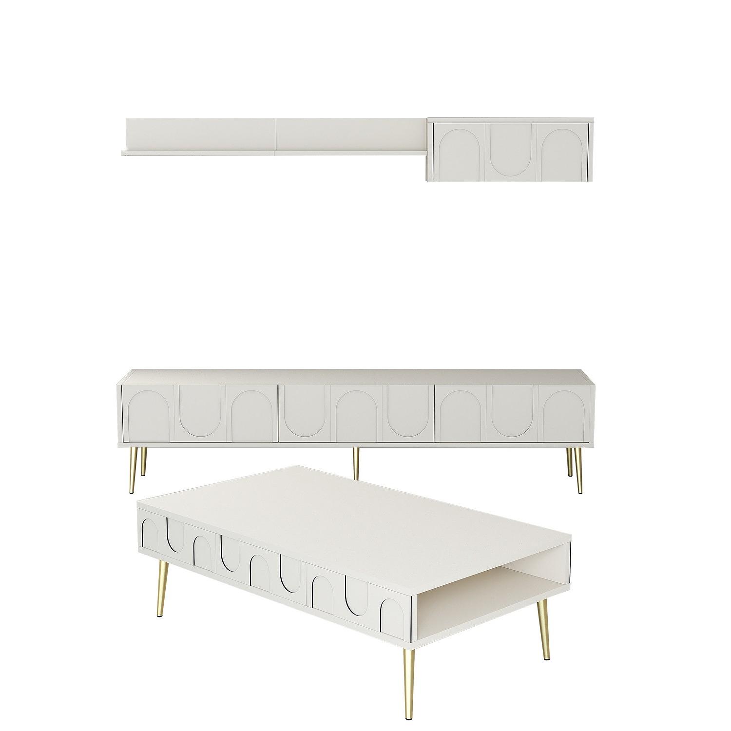 Lyon 3 Wohnzimmermöbel-Set Holzfurnier Creme Gold 0