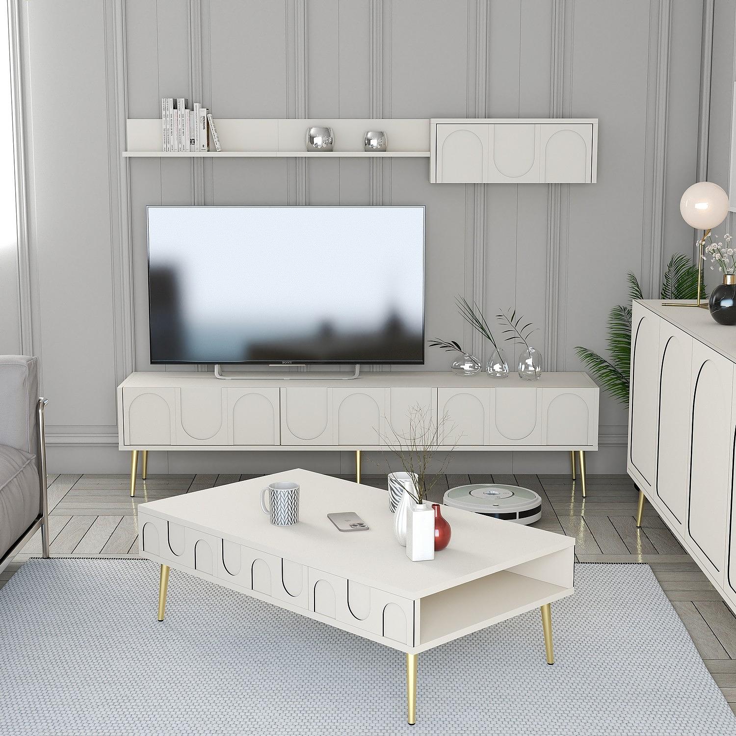 Lyon 3 Living room furniture set Wood veneer Cream Gold 1