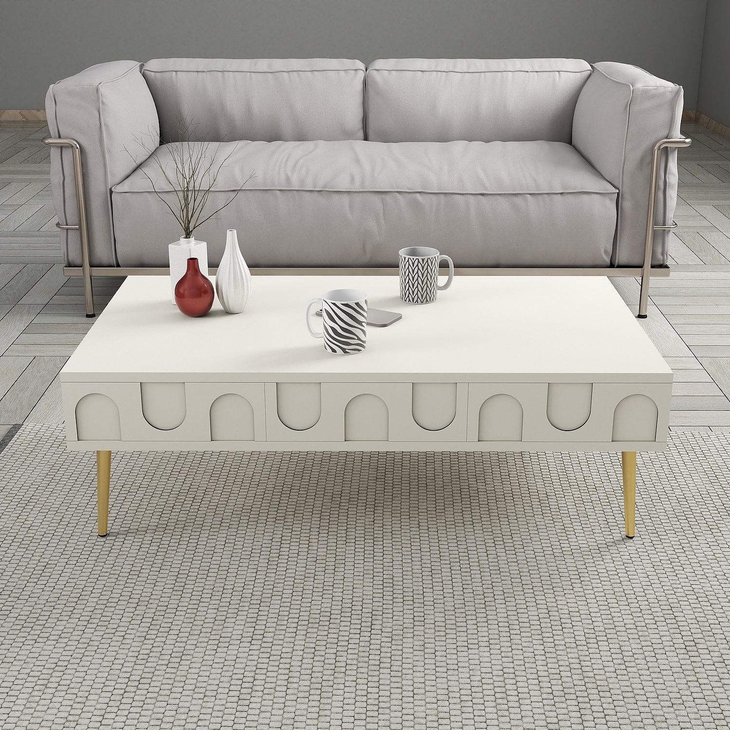 Lyon 3 Wohnzimmermöbel-Set Holzfurnier Creme Gold 3