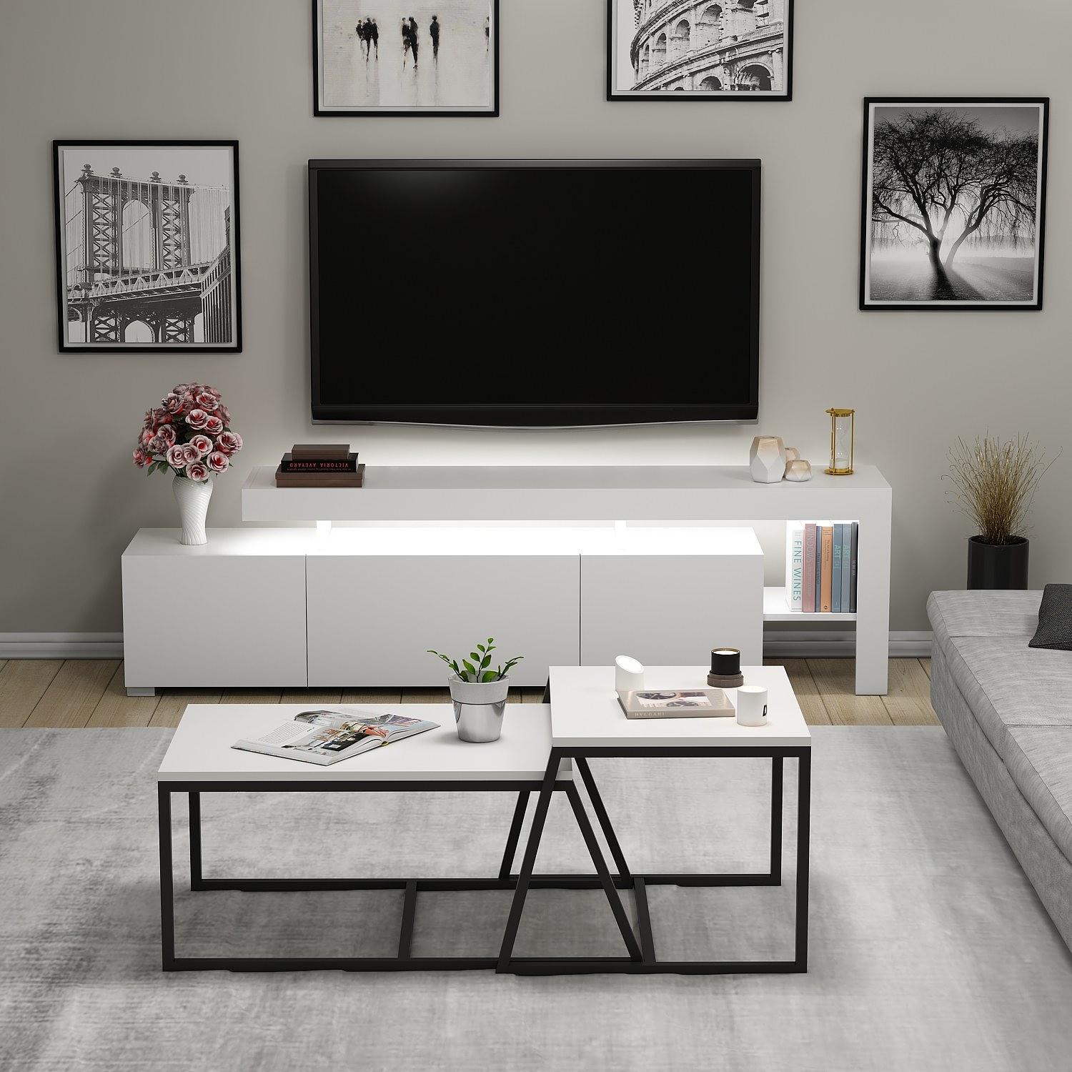 Beliz Living Room Furniture Set Wood Veneer White 3