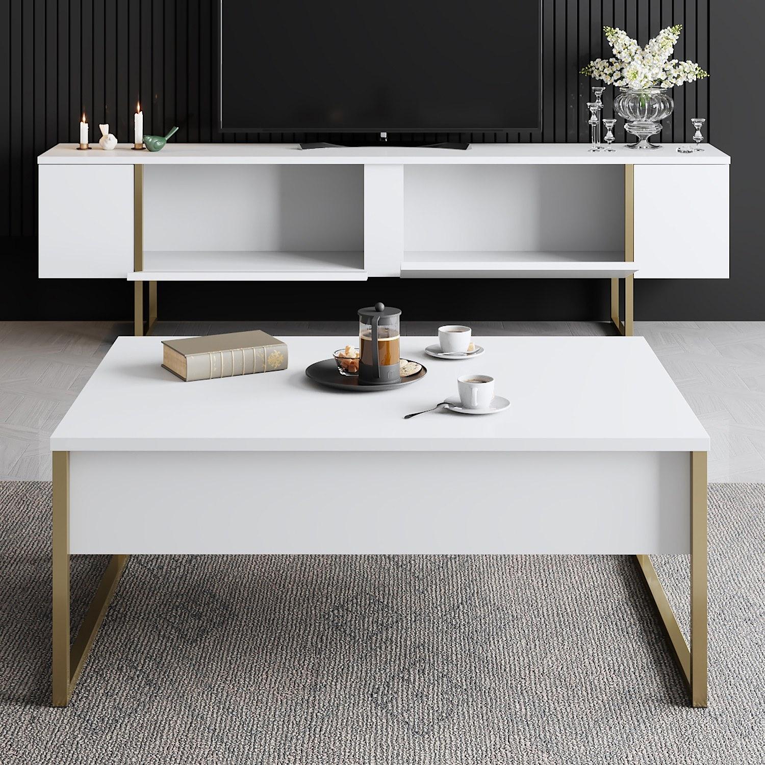 Luxury living room furniture set wood veneer white gold 3