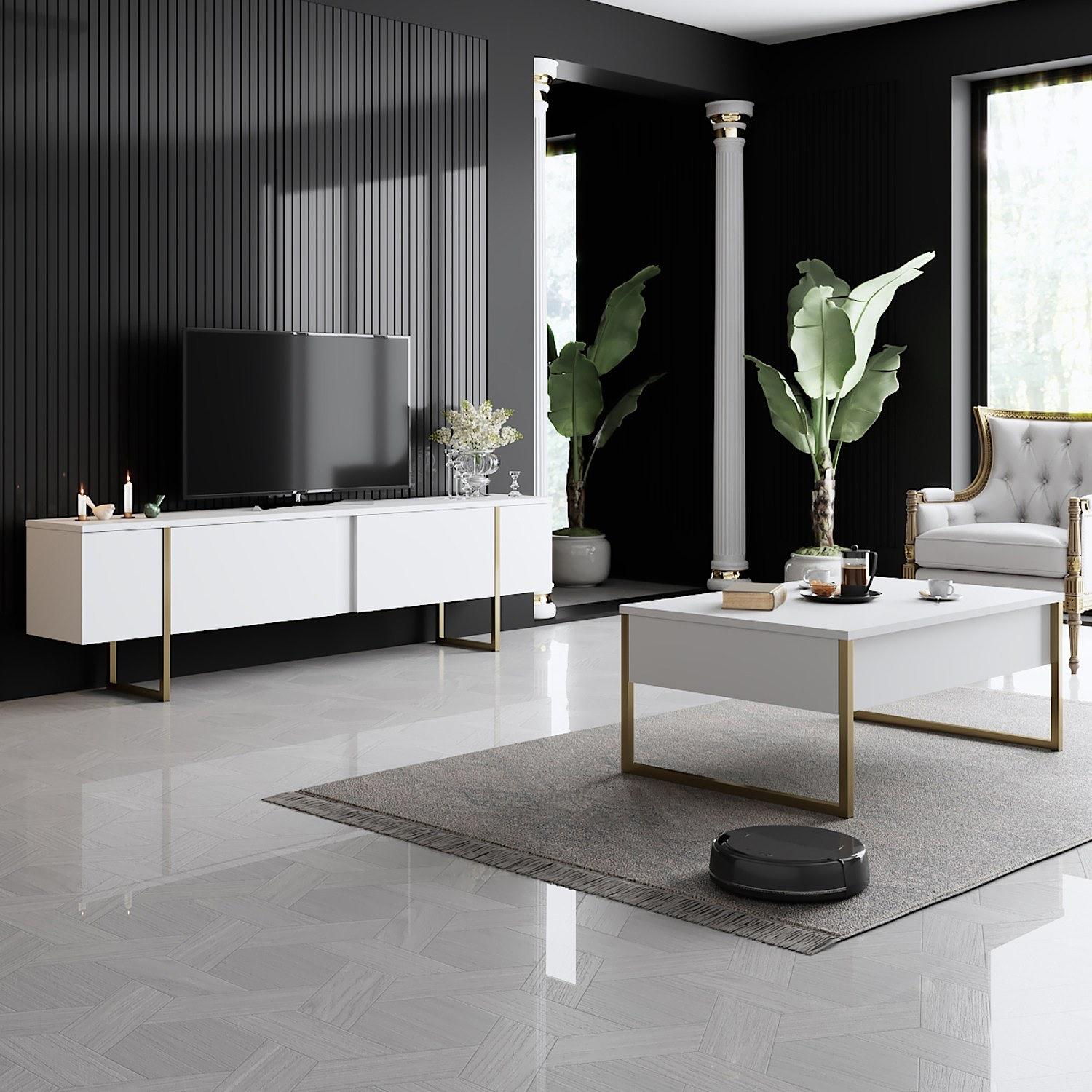 Luxury living room furniture set wood veneer white gold 1