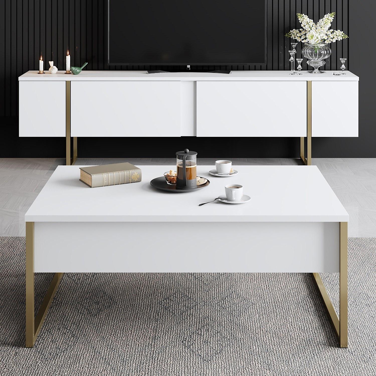 Luxury living room furniture set wood veneer white gold 2