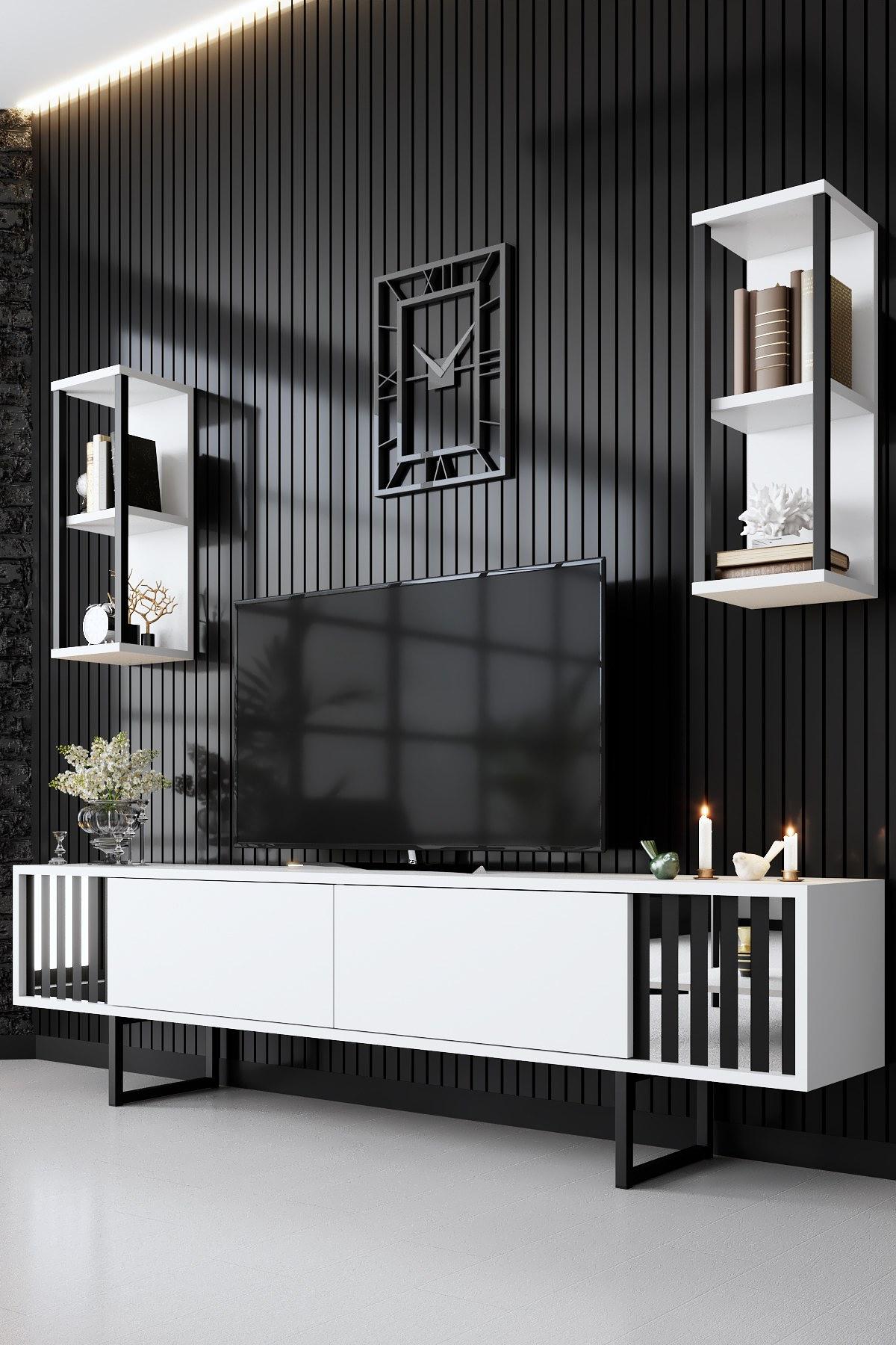 Chrome Line TV cabinet Wood veneer White Black 1