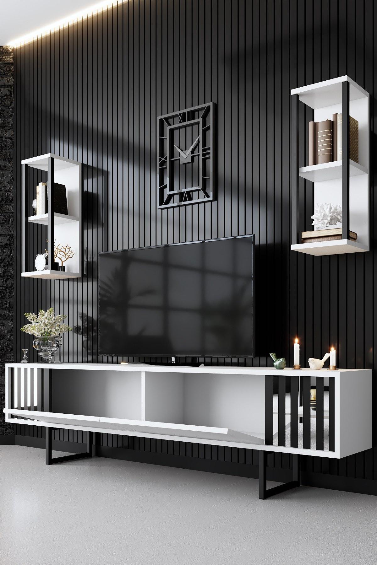 Chrome Line TV cabinet Wood veneer White Black 3