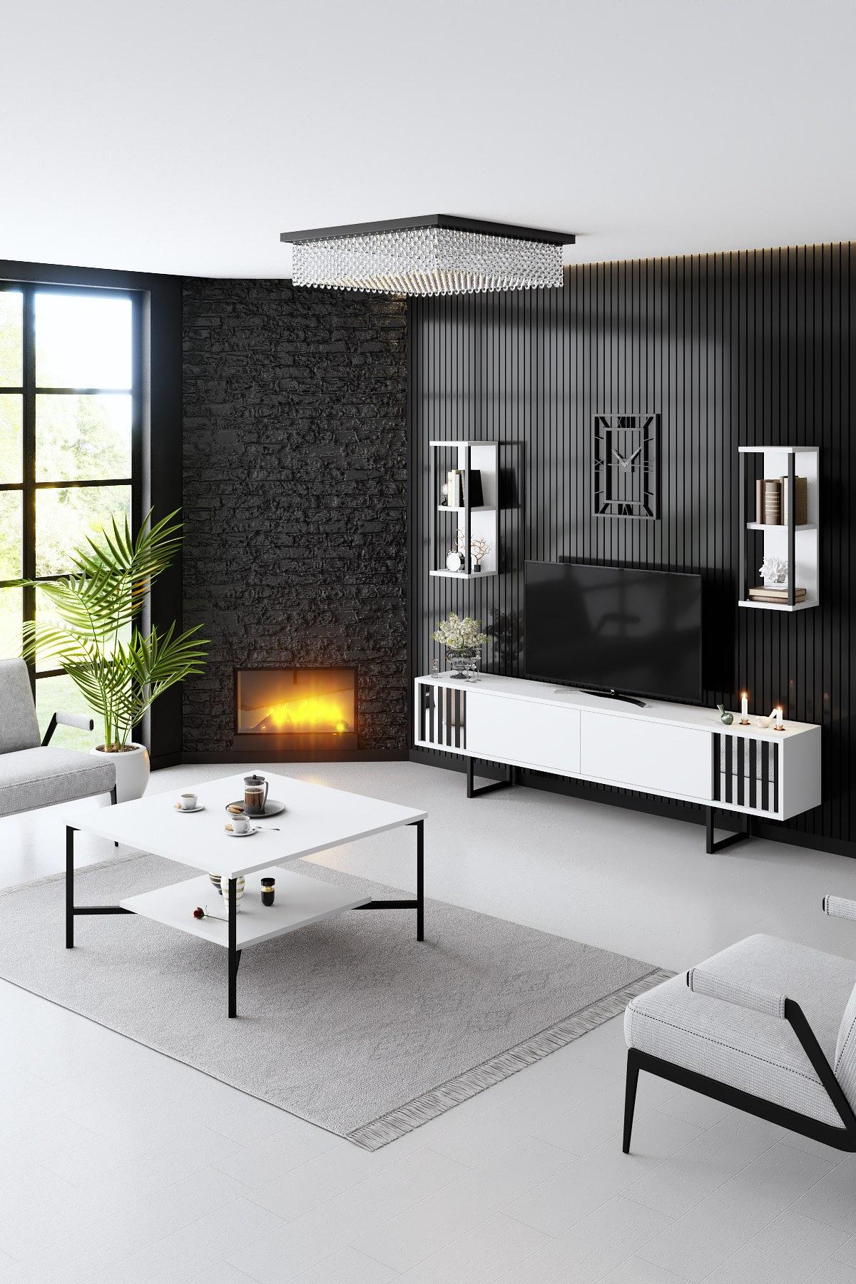 Chrome Line TV cabinet Wood veneer White Black 5