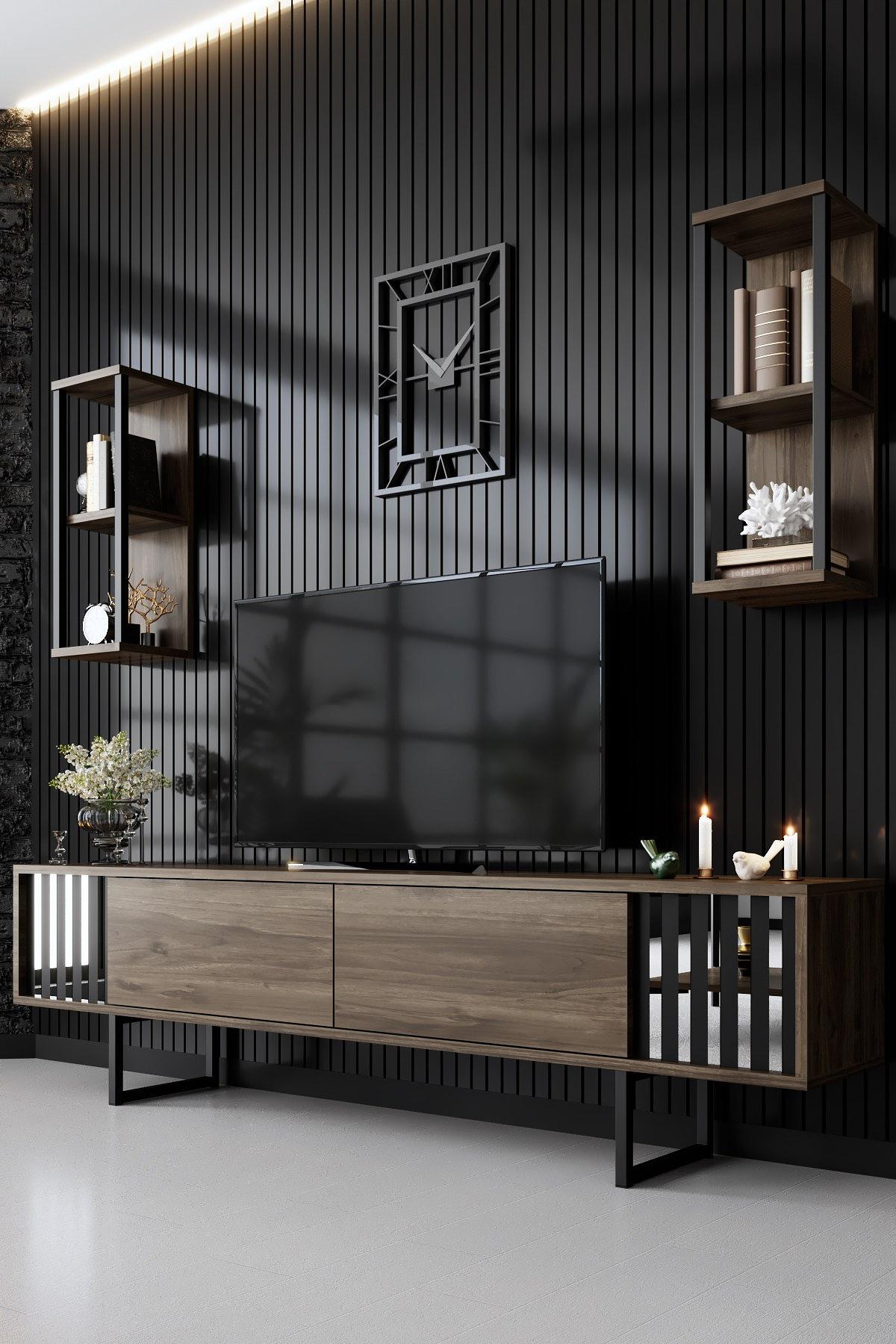 Chrome Line TV cabinet Wood veneer Black 1