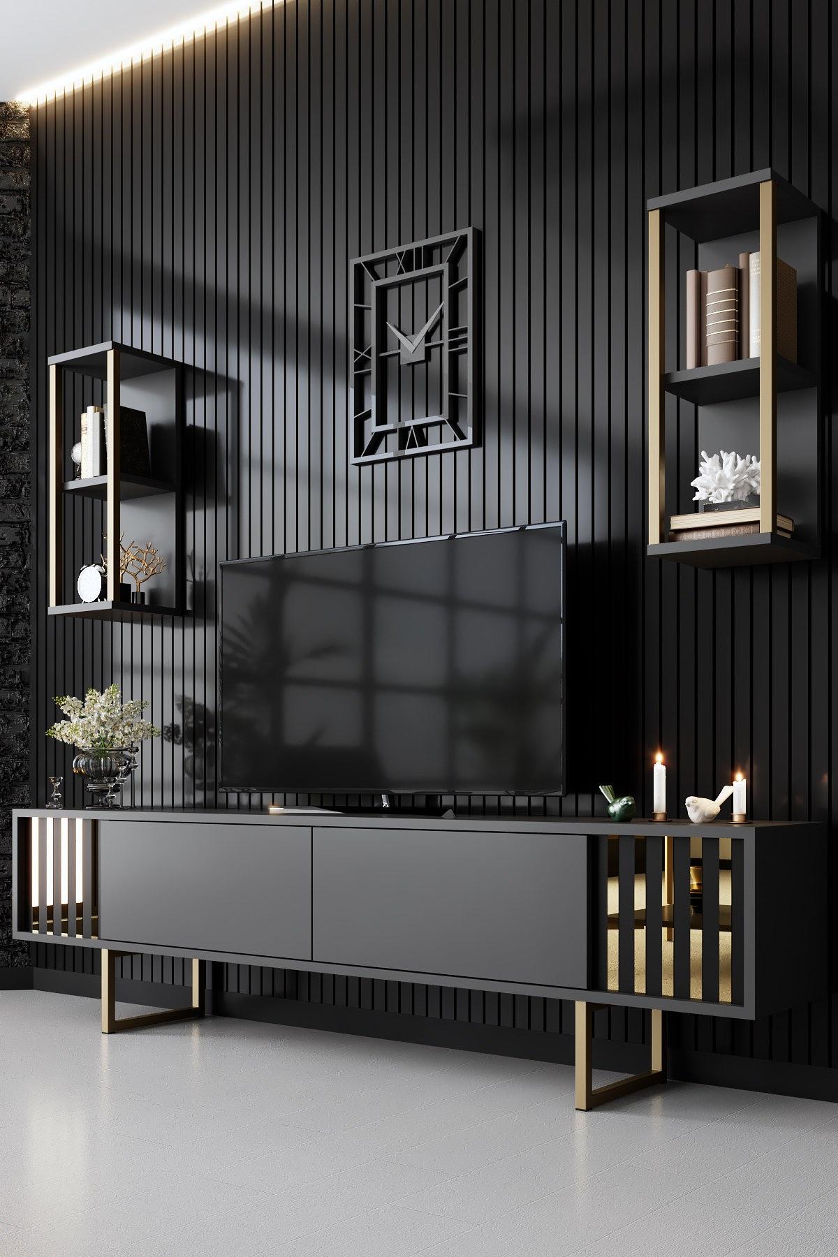 Gold Line TV-Schrank Holzfurnier Anthrazit Schwarz 1