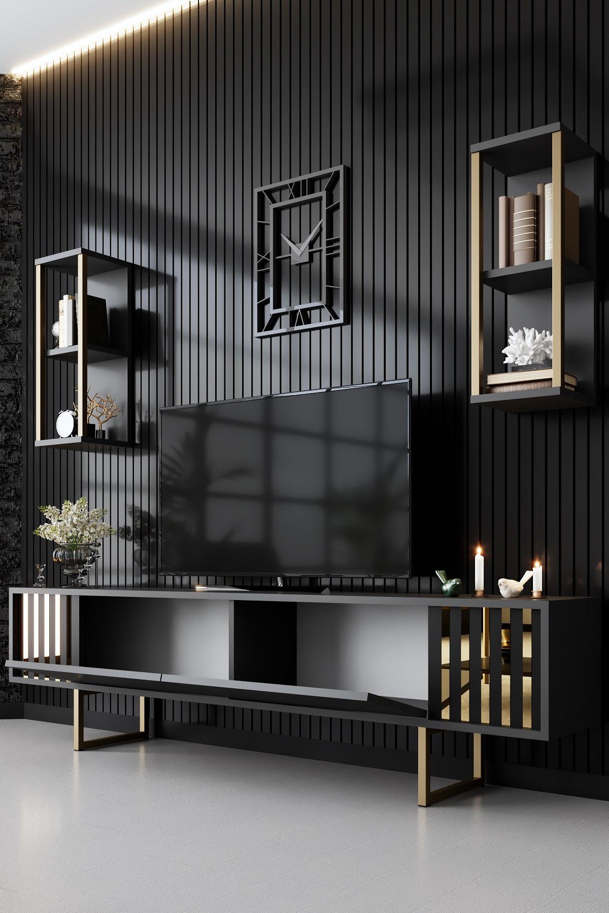 Gold Line TV-Schrank Holzfurnier Anthrazit Schwarz 3
