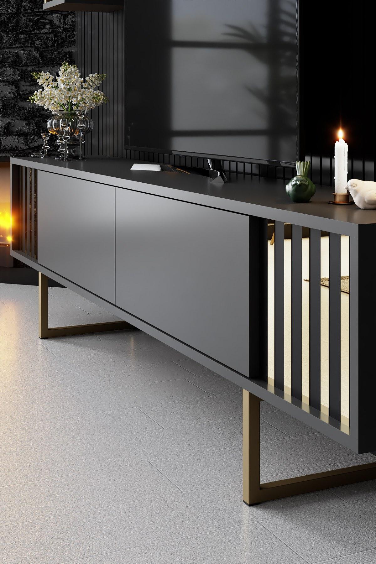 Gold Line TV cabinet Wood veneer Anthracite Black 4