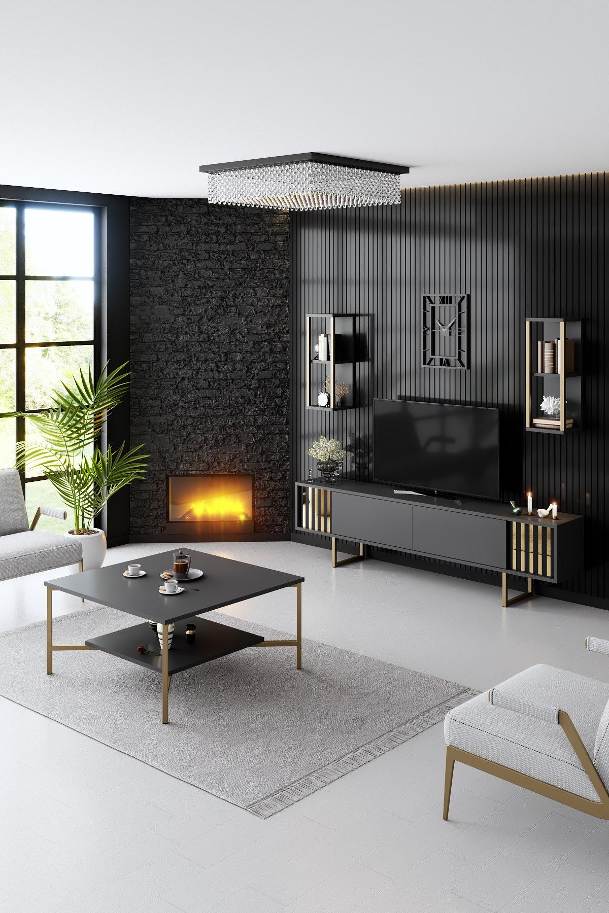 Gold Line TV cabinet Wood veneer Anthracite Black 5