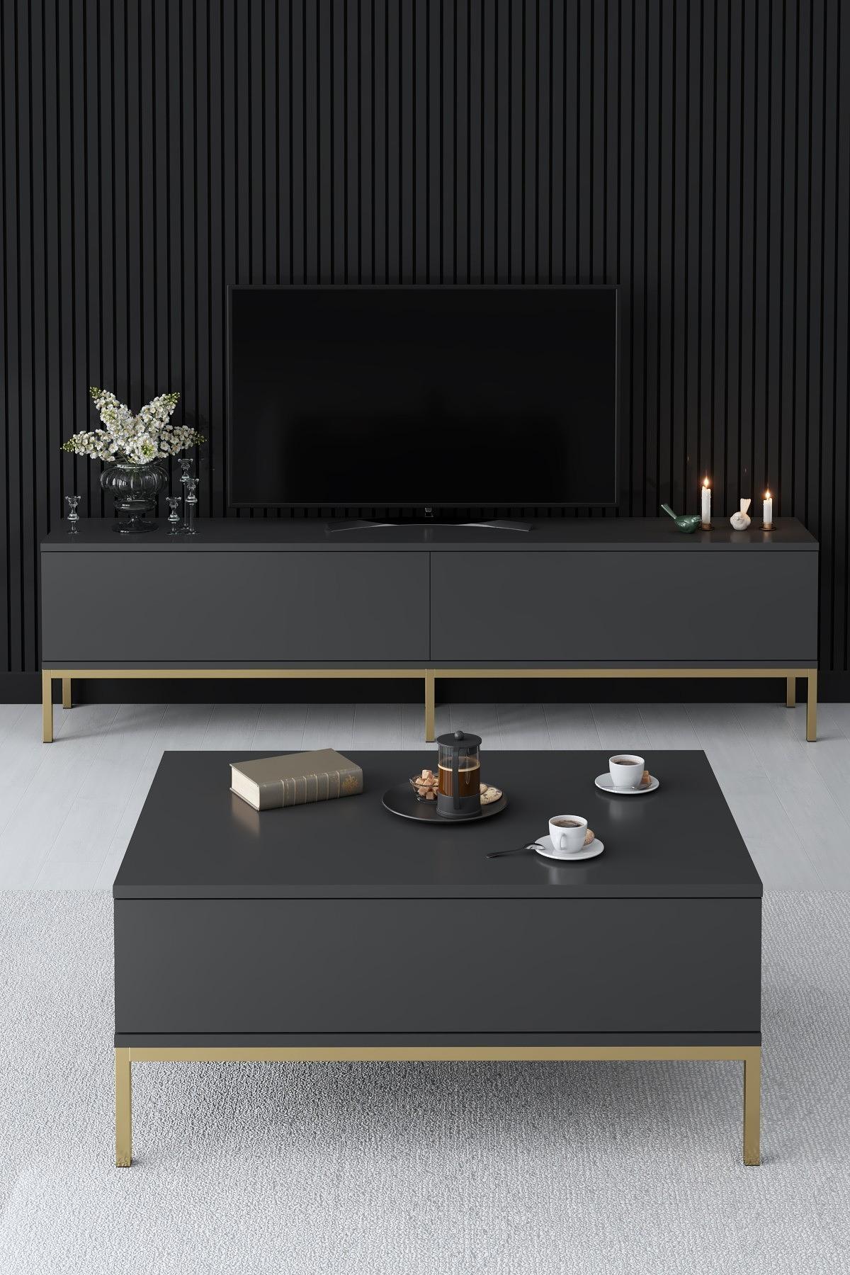 Lord Coffee Table Wood Veneer Anthracite Gold 3