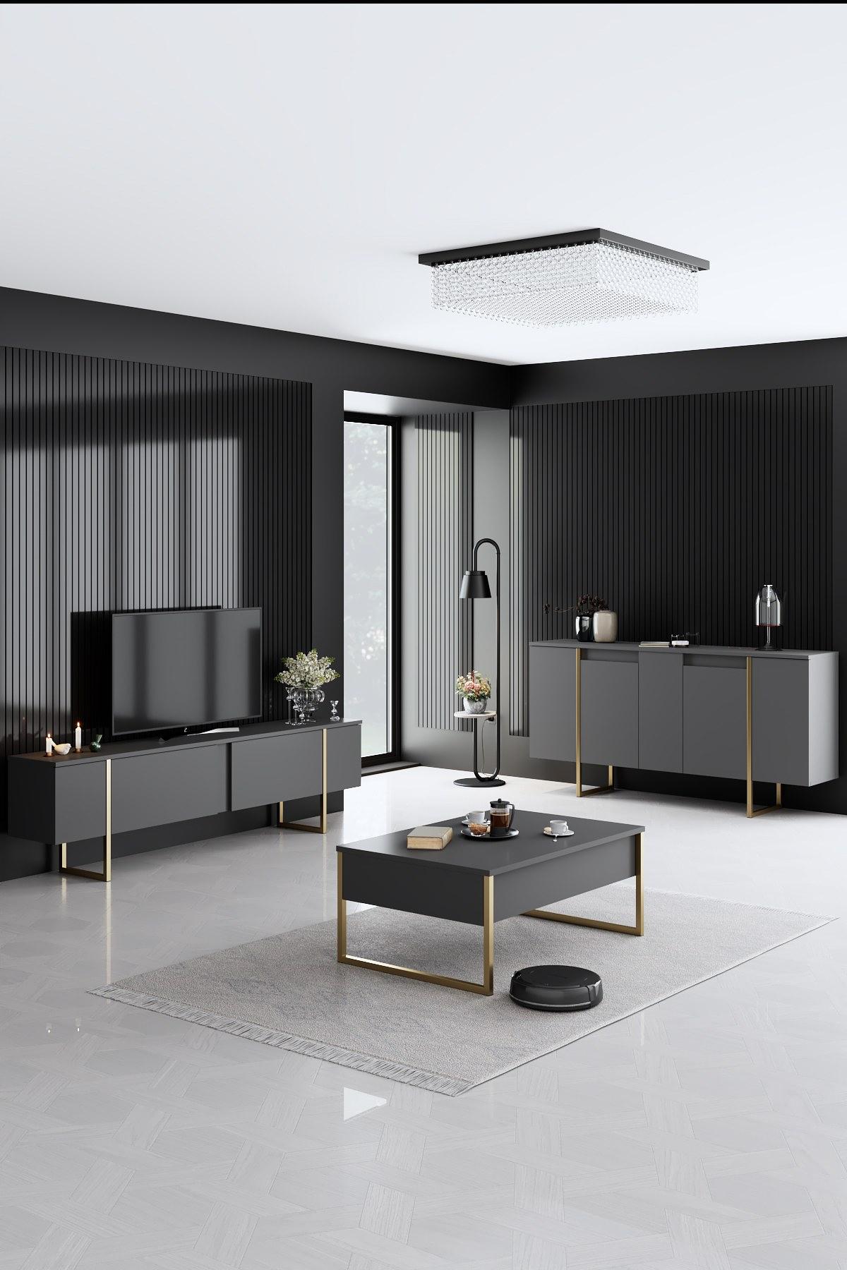 Luxe Wohnzimmermöbel-Set Holzfurnier Anthrazit Gold 0
