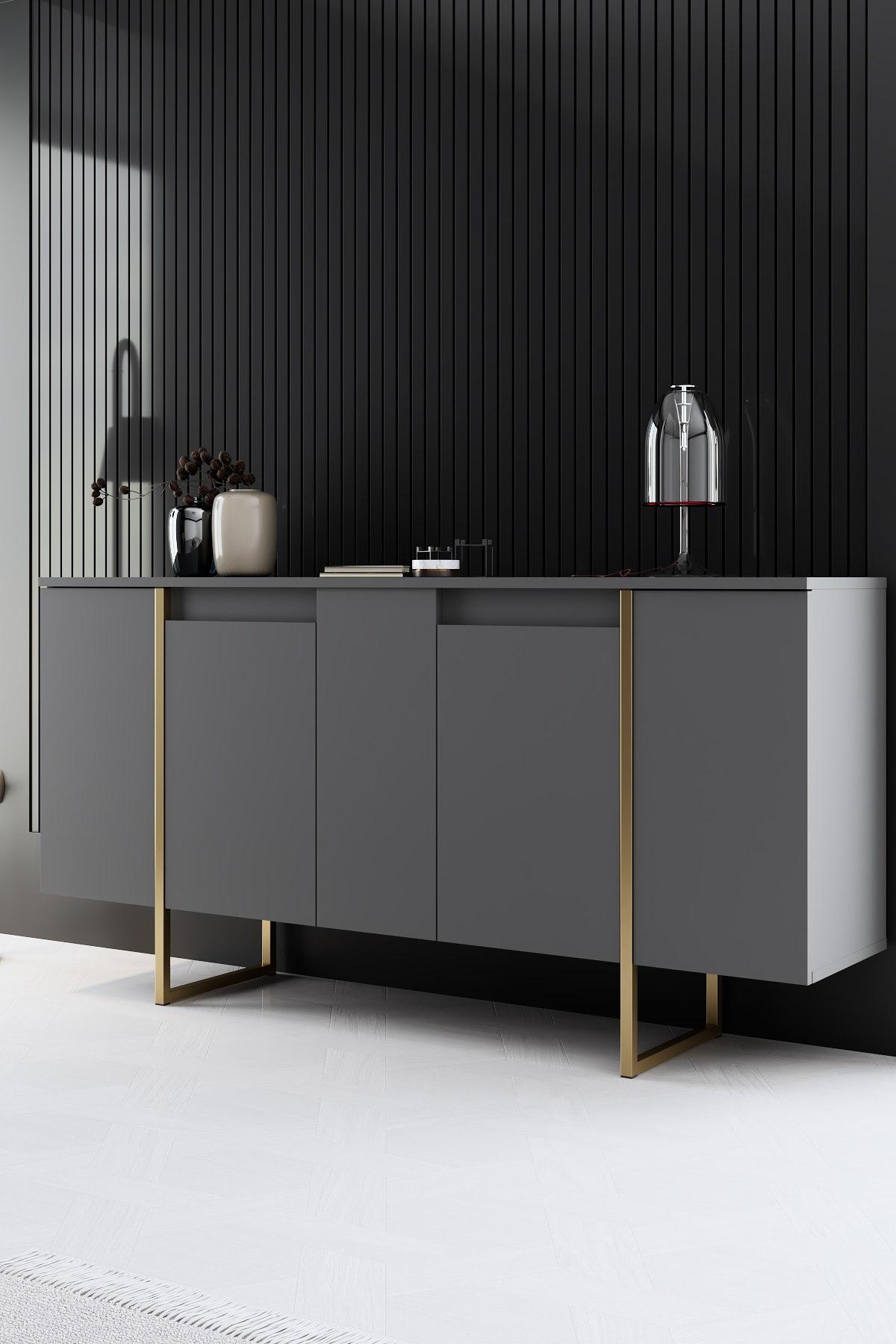 Luxe Wohnzimmermöbel-Set Holzfurnier Anthrazit Gold 3