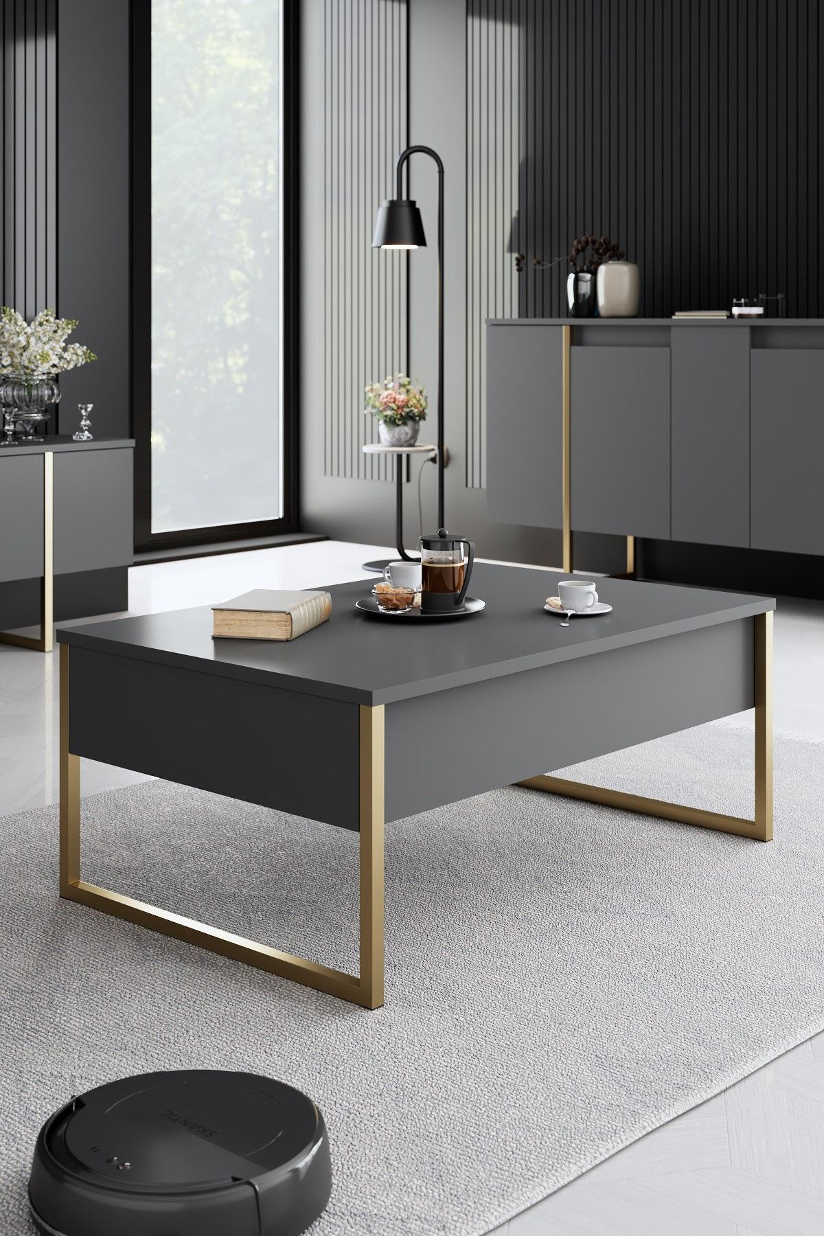 Luxe Wohnzimmermöbel-Set Holzfurnier Anthrazit Gold 4