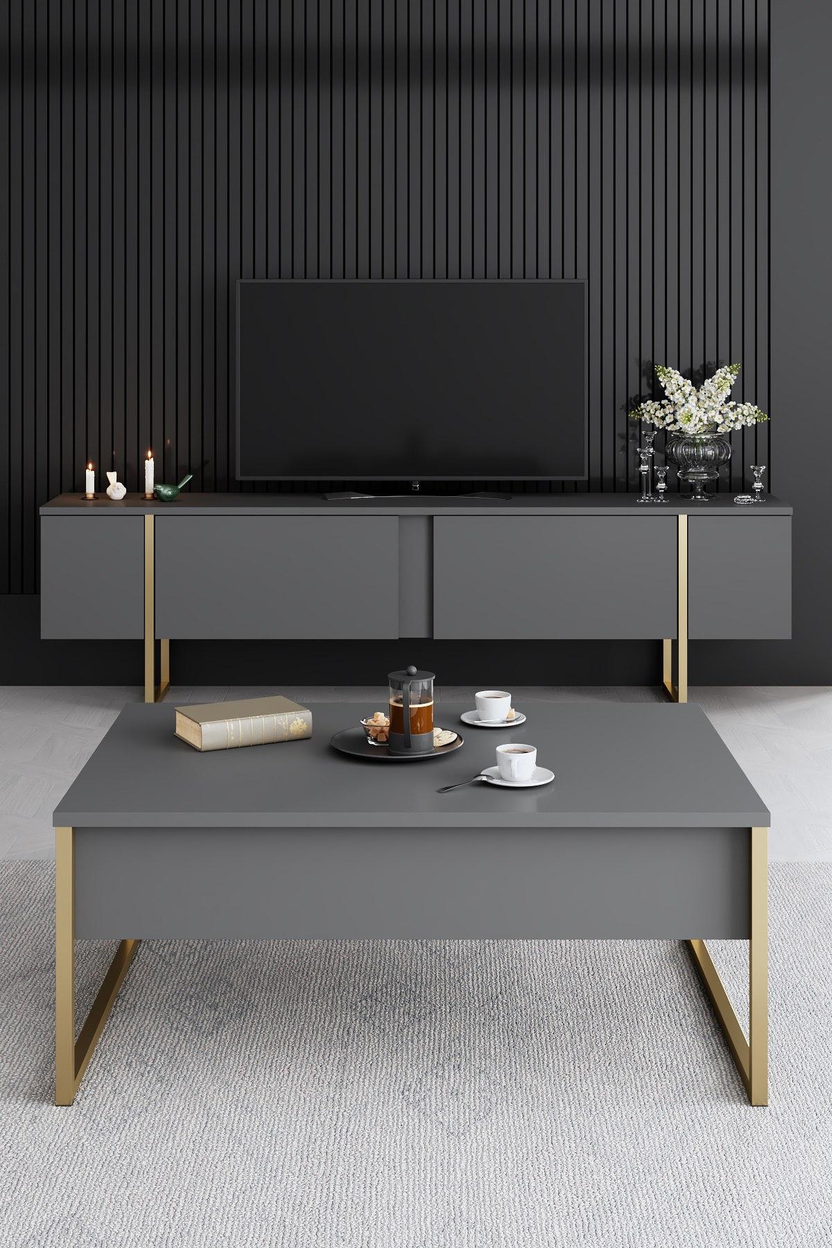 Luxe Wohnzimmermöbel-Set Holzfurnier Anthrazit Gold 5
