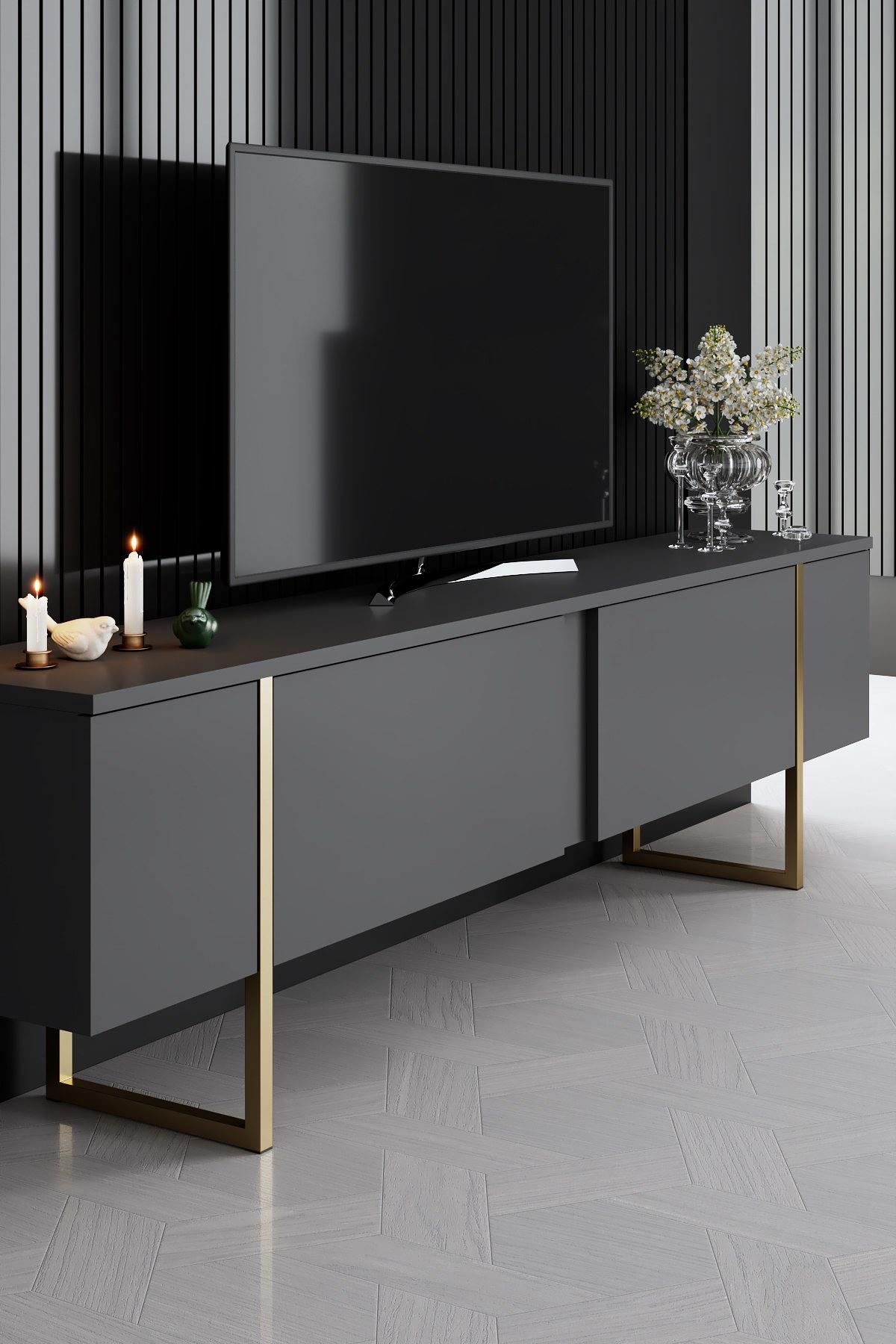 Luxe Wohnzimmermöbel-Set Holzfurnier Anthrazit Gold 8