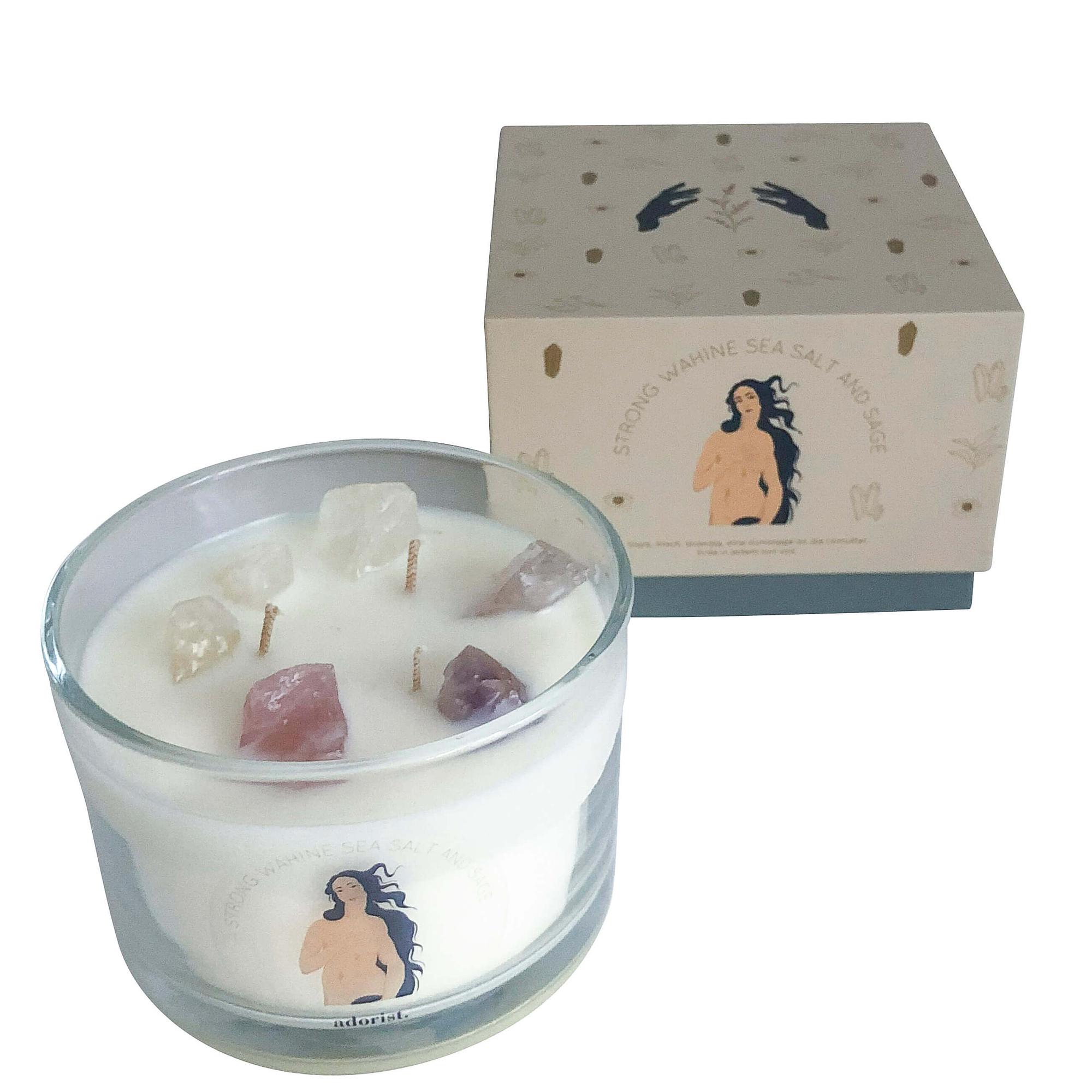 Sea Salt & Sage Scented Candle Soy Wax with Crystals White 1