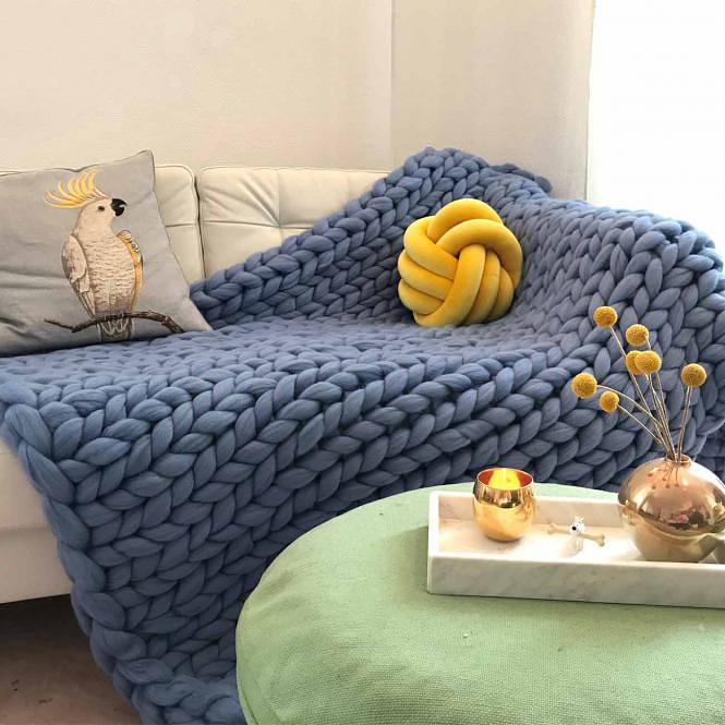 Cosima Chunky Knit Wool Blanket Merino Wool Smoke Blue 2
