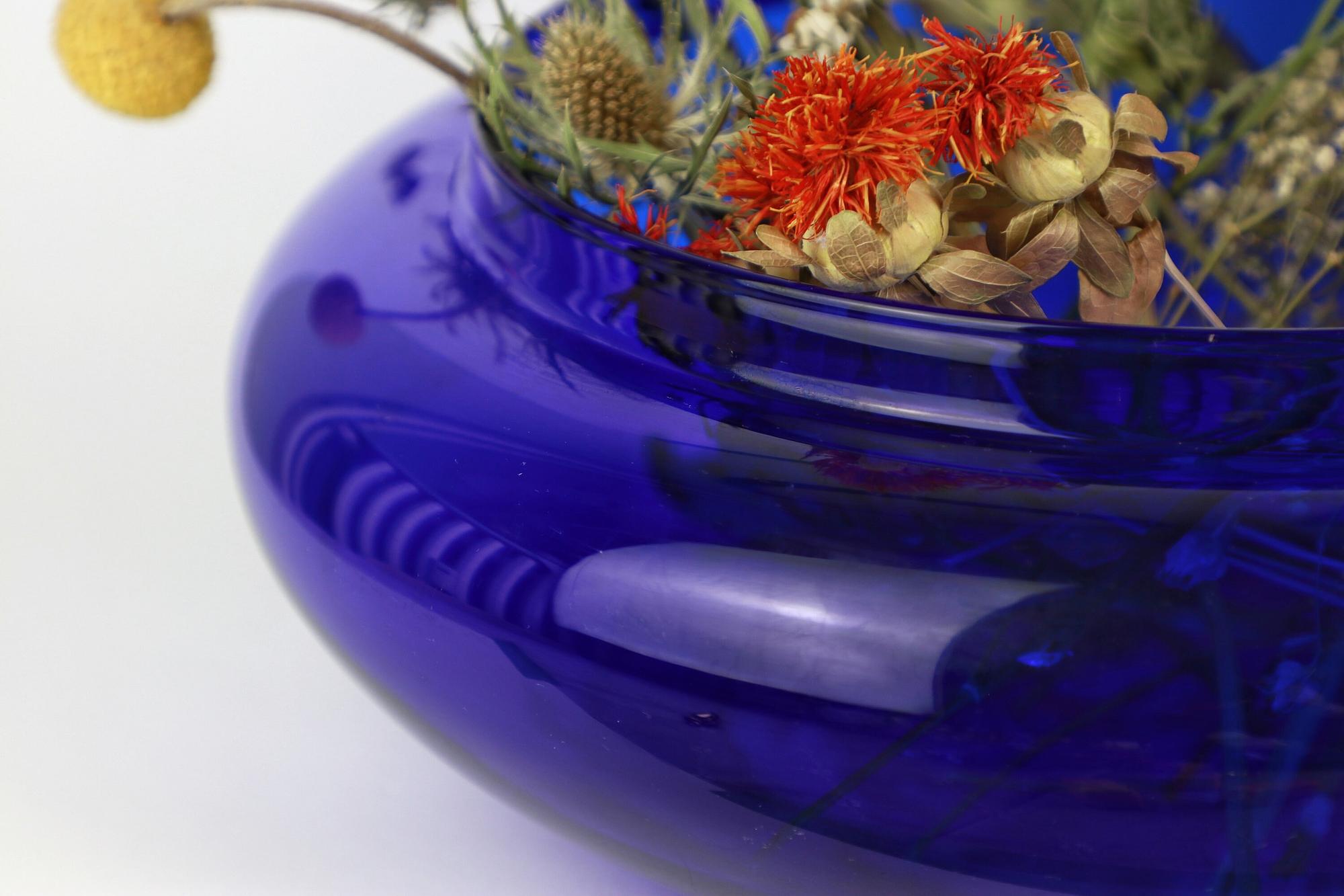 Vintage Kugel Blumenvase Glas Blau 1990er Jahre 2