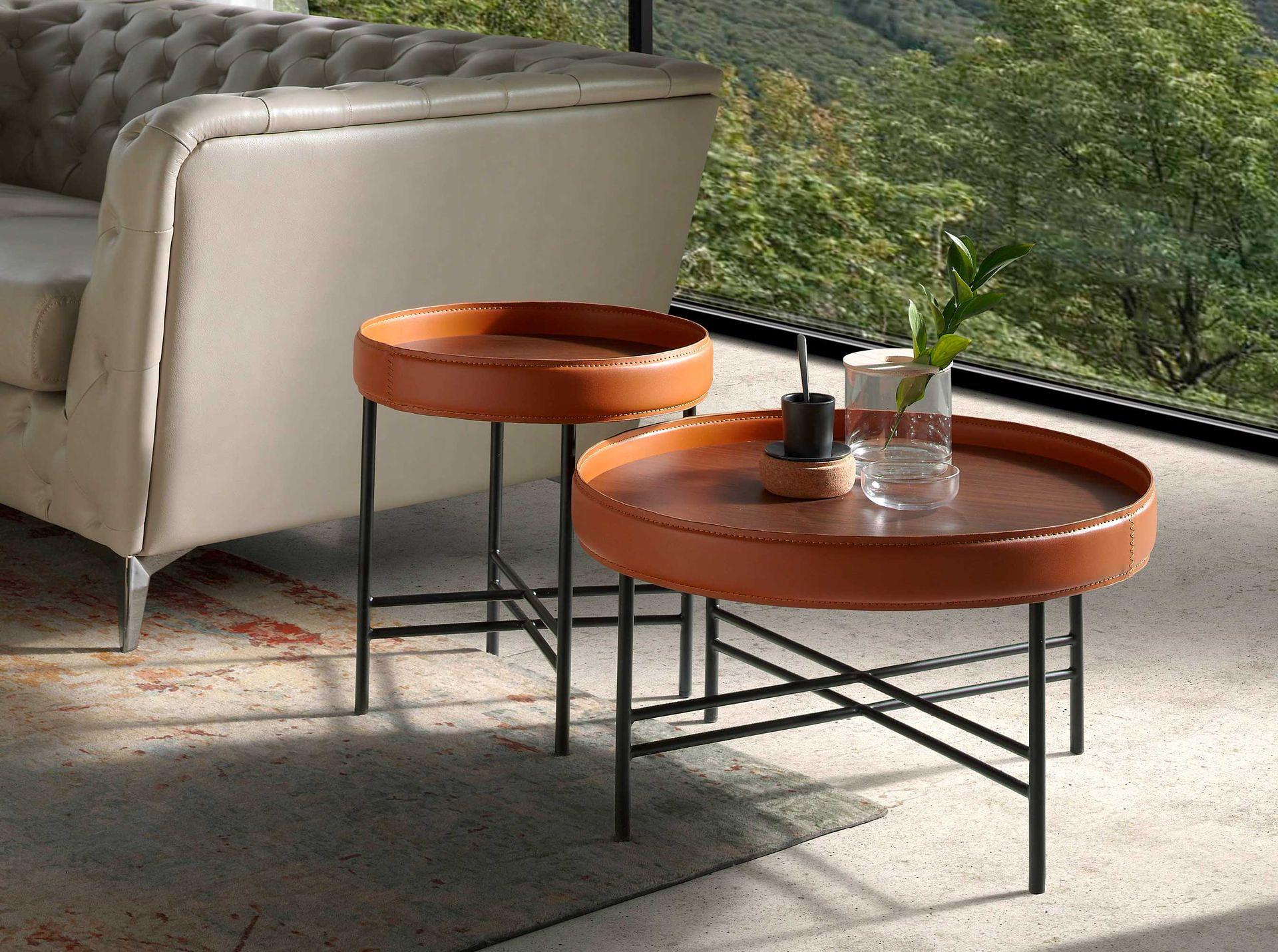 Coffee table walnut veneer faux leather brown Ø 62cm 5
