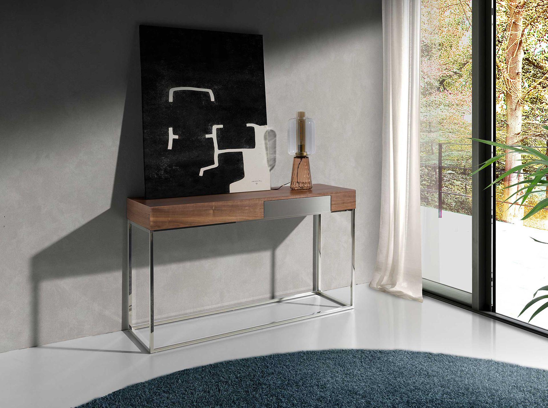 Console table walnut veneer stainless steel brown 6