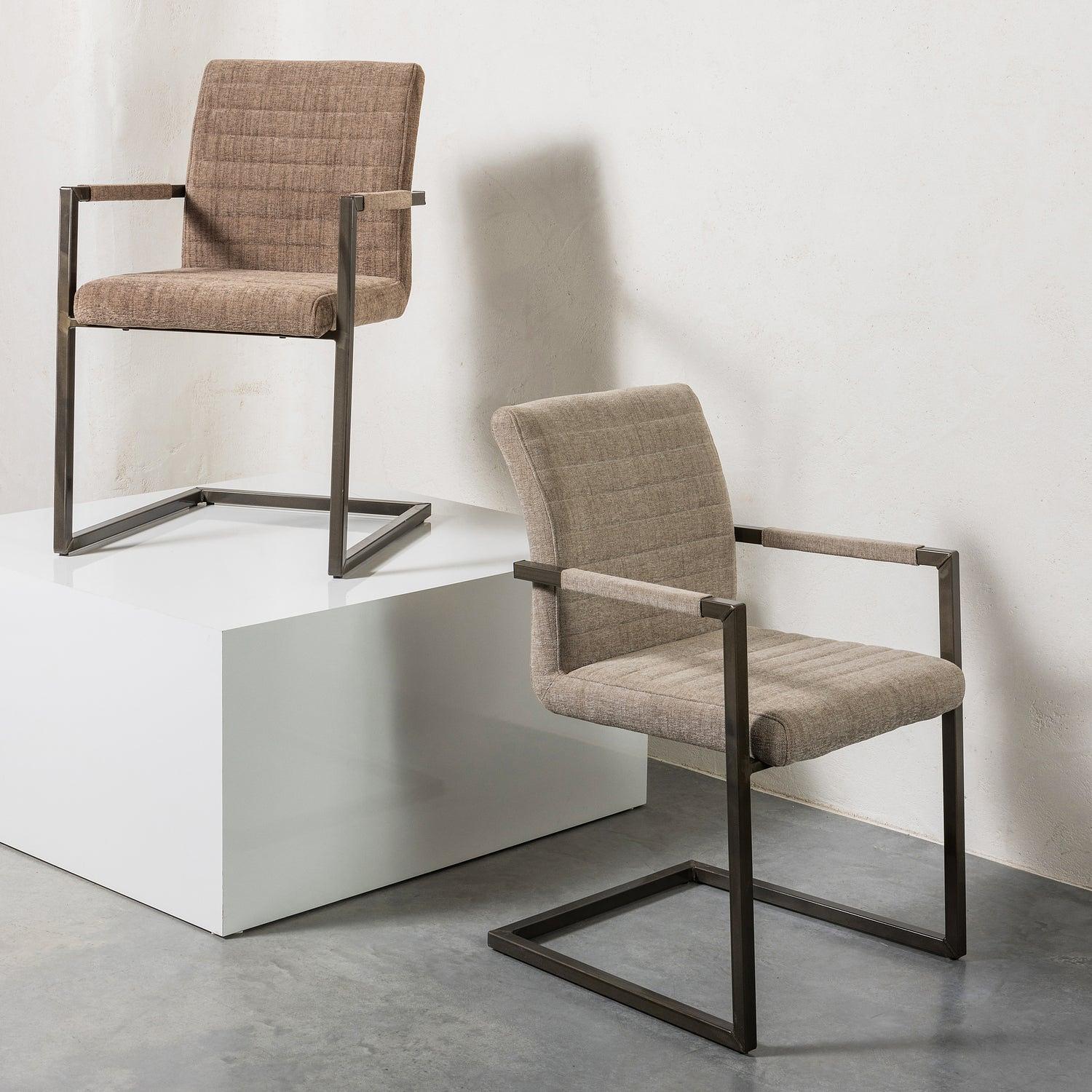 2x Oak Dining Chair Textile Brown 1