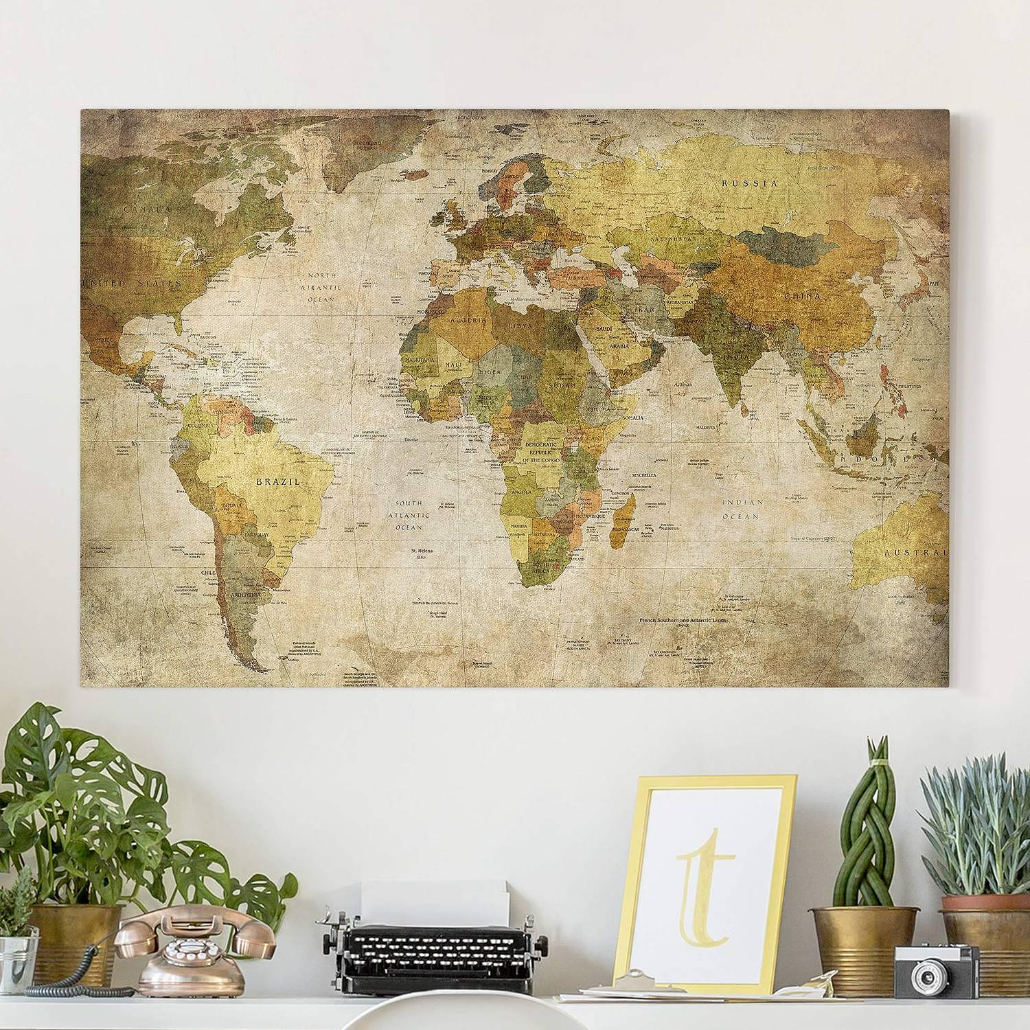 Picture world map canvas / spruce wood 90x60 cm 2