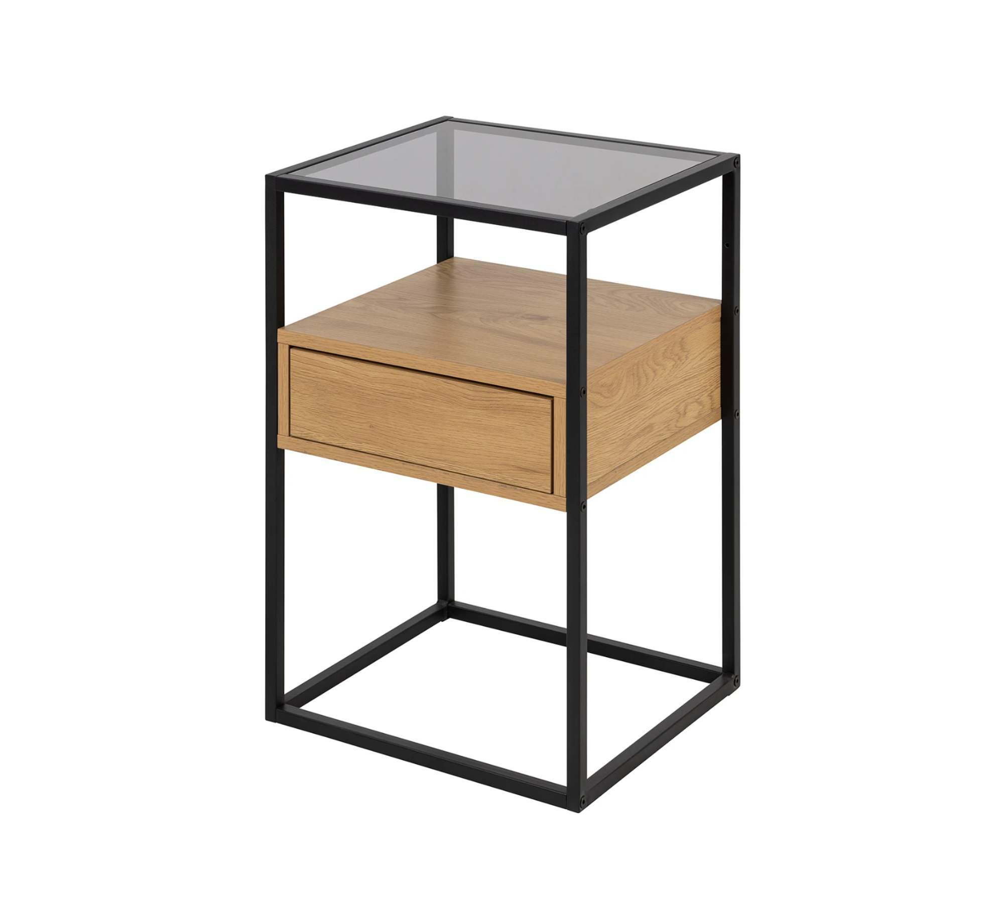 Nachtkommode Rauchglas Metall Wildeiche Dekor 1