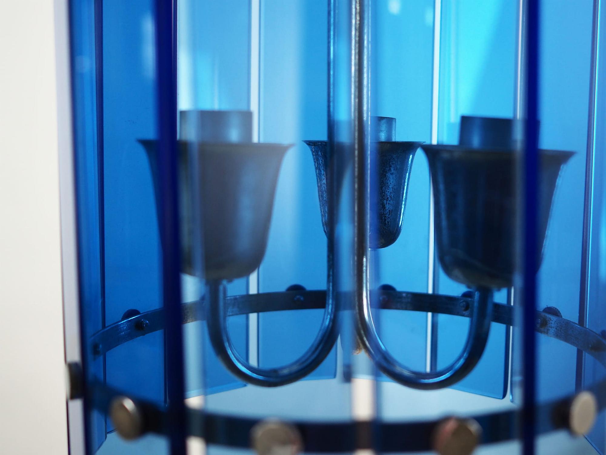 Lampada a sospensione in vetro blu anni '70 4