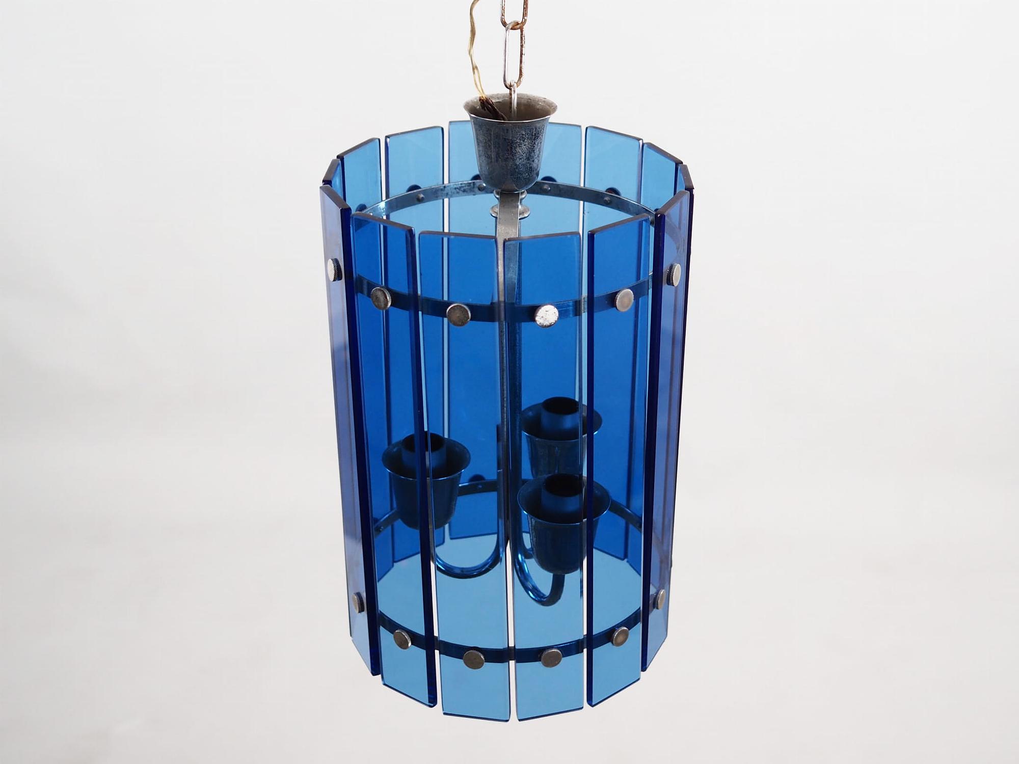 Lampada a sospensione in vetro blu anni '70 6