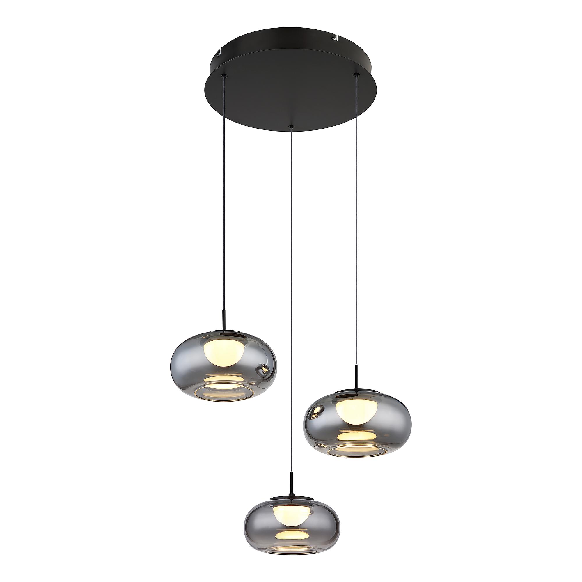Quintara Type A LED pendant lamp smoked glass iron 3-flame 3