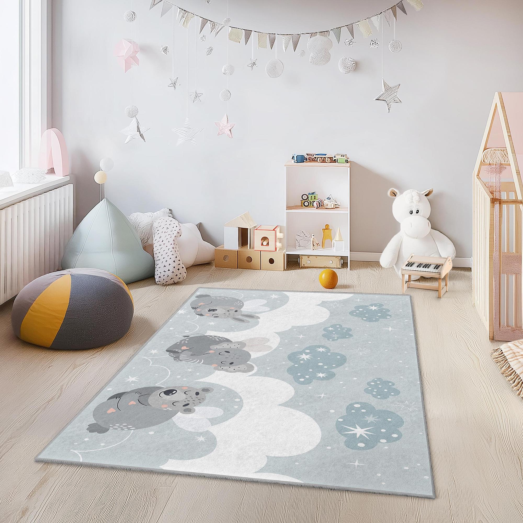 Tappeto per bambini con motivo di animali e nuvole multicolore 100×200 cm 3