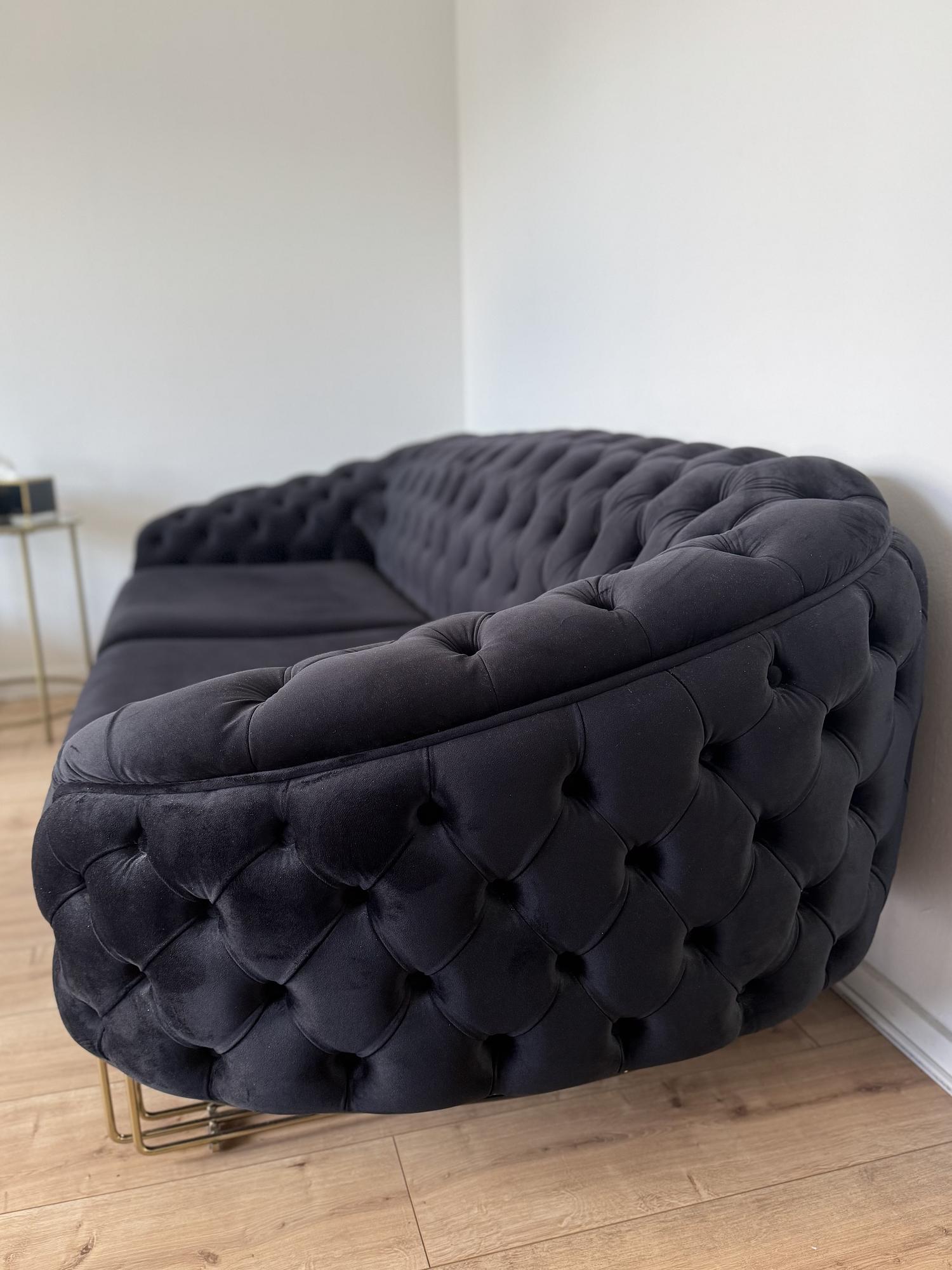 Chesterfield Couch-Set Sofa Armchair Velvet Black Gold 2