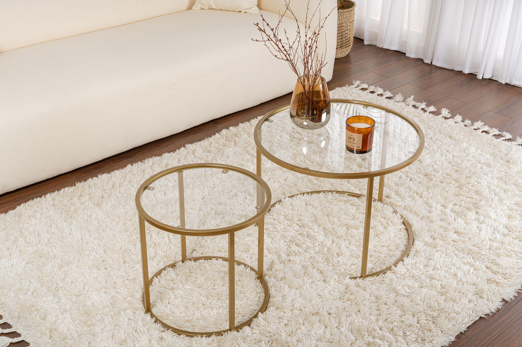 2x Gold Coffee Table Set Gold Transparent Ø80cm Ø60cm Ø42cm 3