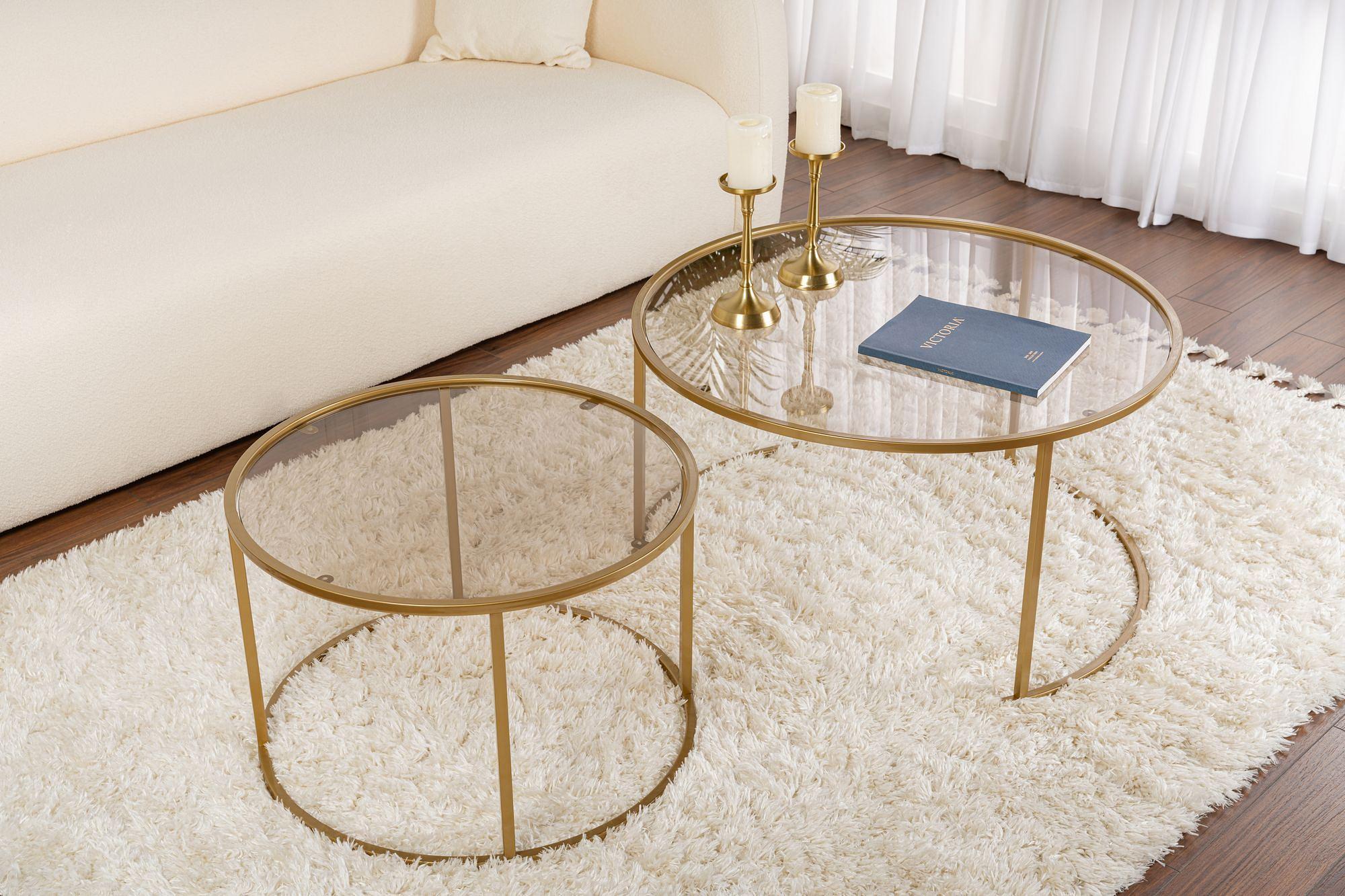 2x Gold Coffee Table Set Gold Bronze Ø80cm Ø60cm 3