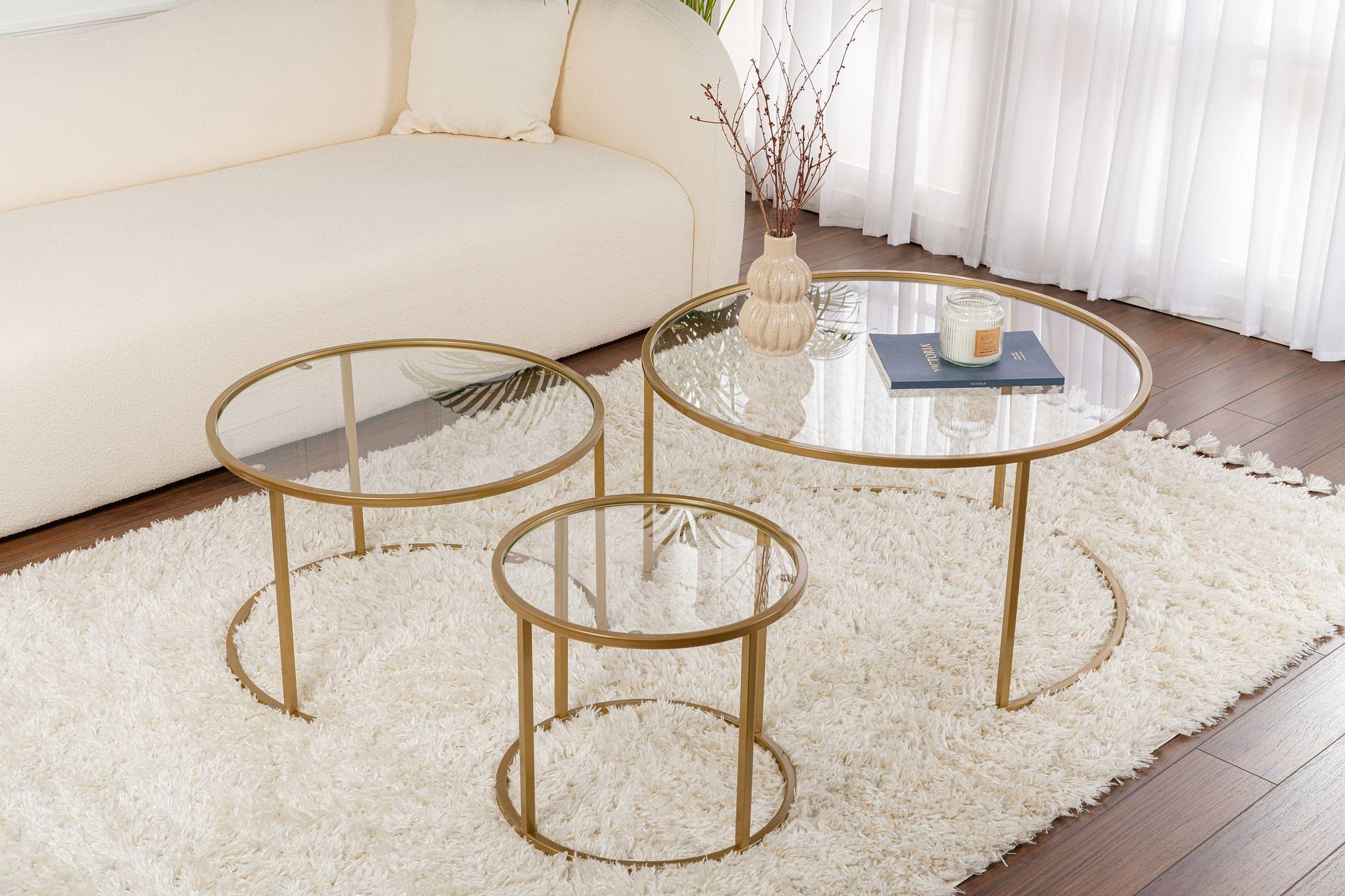3x Gold Coffee Table Set Gold Transparent Ø80cm Ø60cm Ø42cm 3