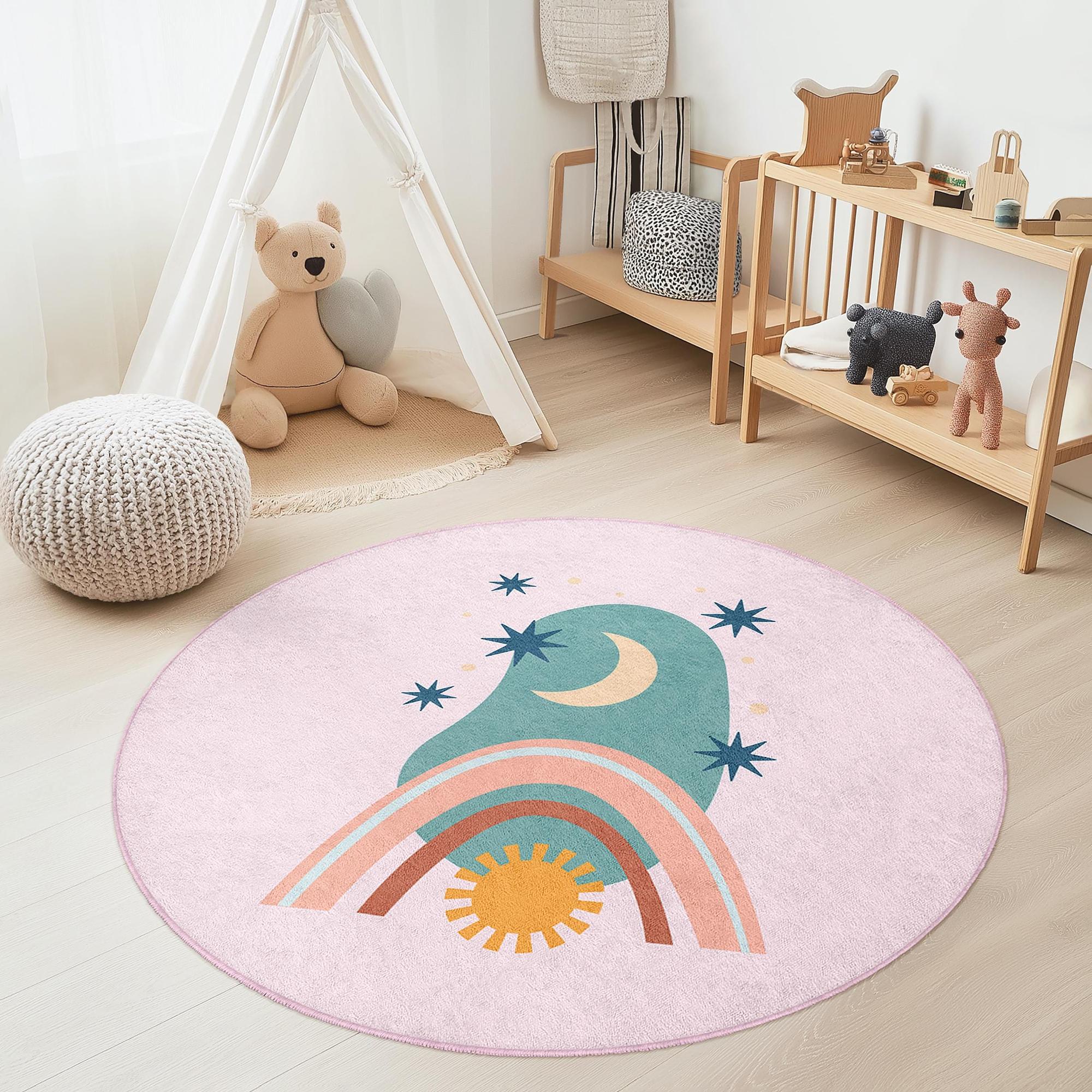 Rainbow and Moon Children's Rug Multicolored Ø120cm 3