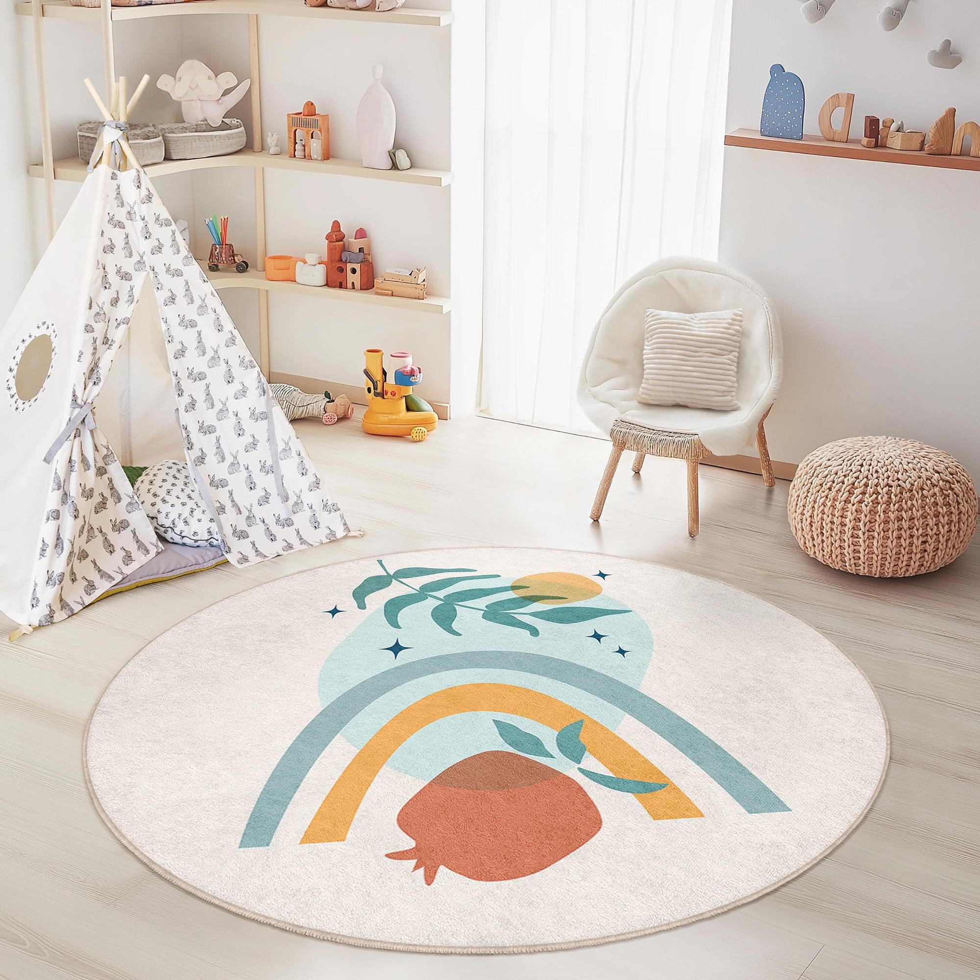 Rainbow and Leaf Children's Rug Multicolor Ø180cm 0