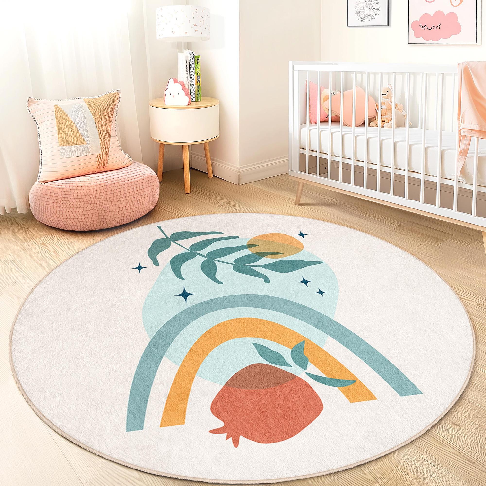 Rainbow and Leaf Children's Rug Multicolored Ø150cm 1