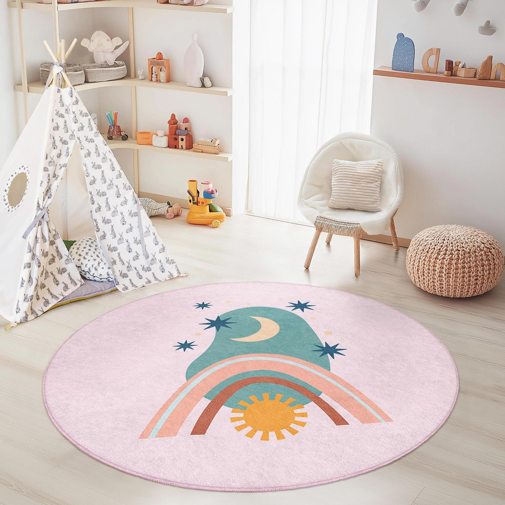 Rainbow and Moon Kids Rug Multicolor Ø180cm 0