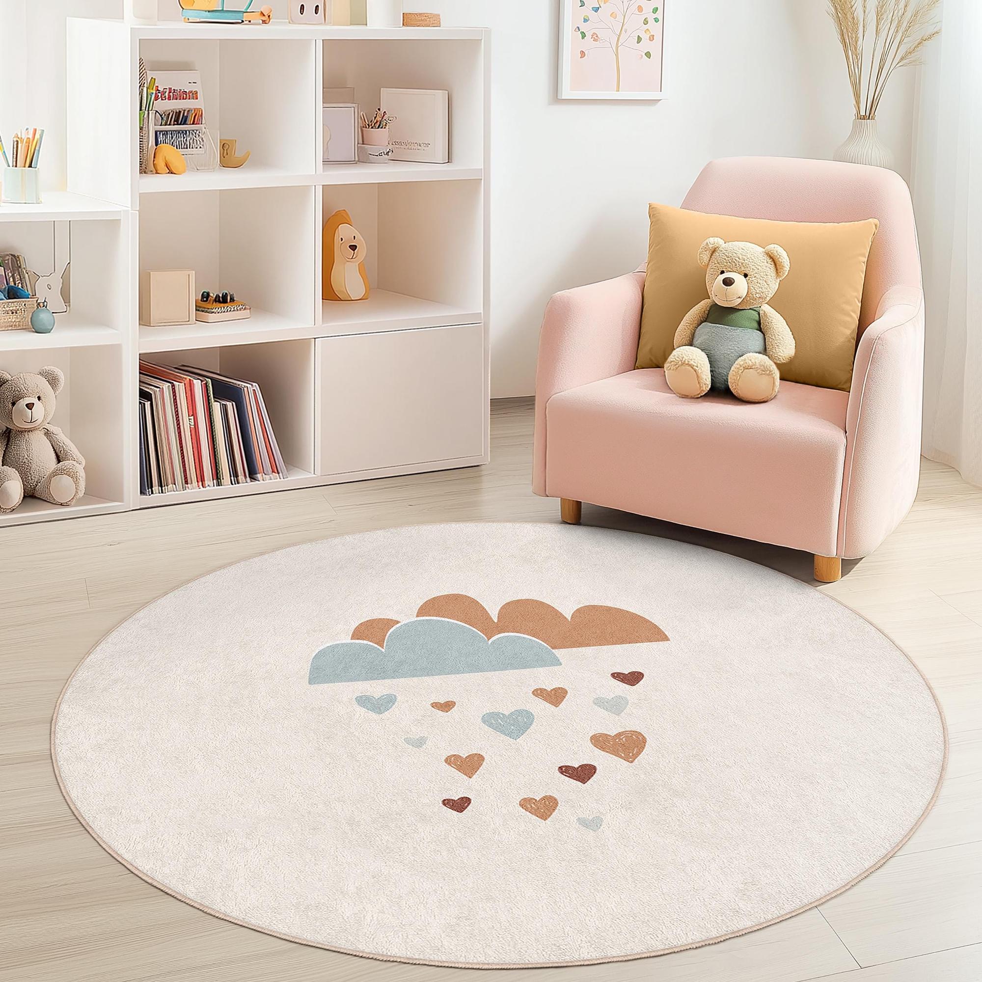 Cloud-and Heart-Pattern Children's Rug Multicoloured ⌀150cm 2
