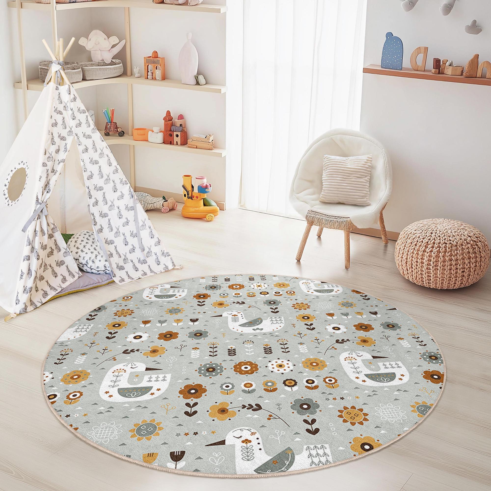 Blumen und Vögel Kinderteppich Mehrfarbig ⌀120cm 2