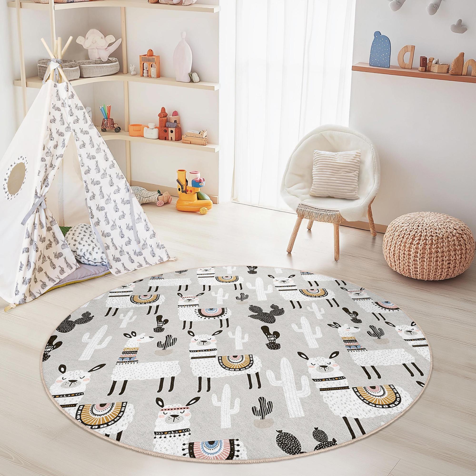 Llama and Cactus Children's Rug Multicoloured ⌀120cm 0
