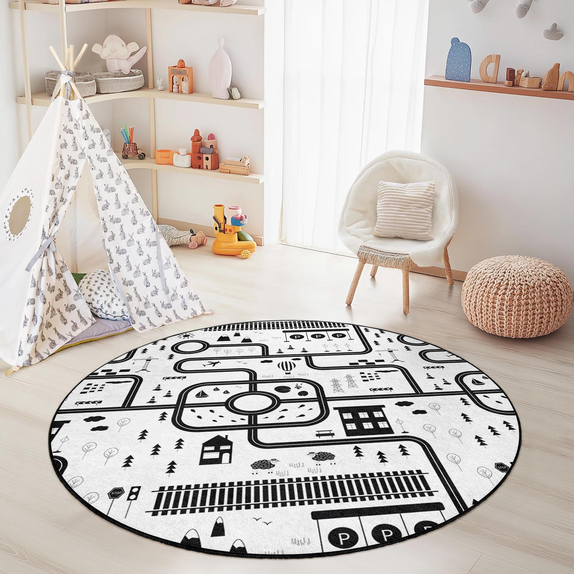 Straßenkarte Kinderteppich Schwarz Weiß Ø150cm 0