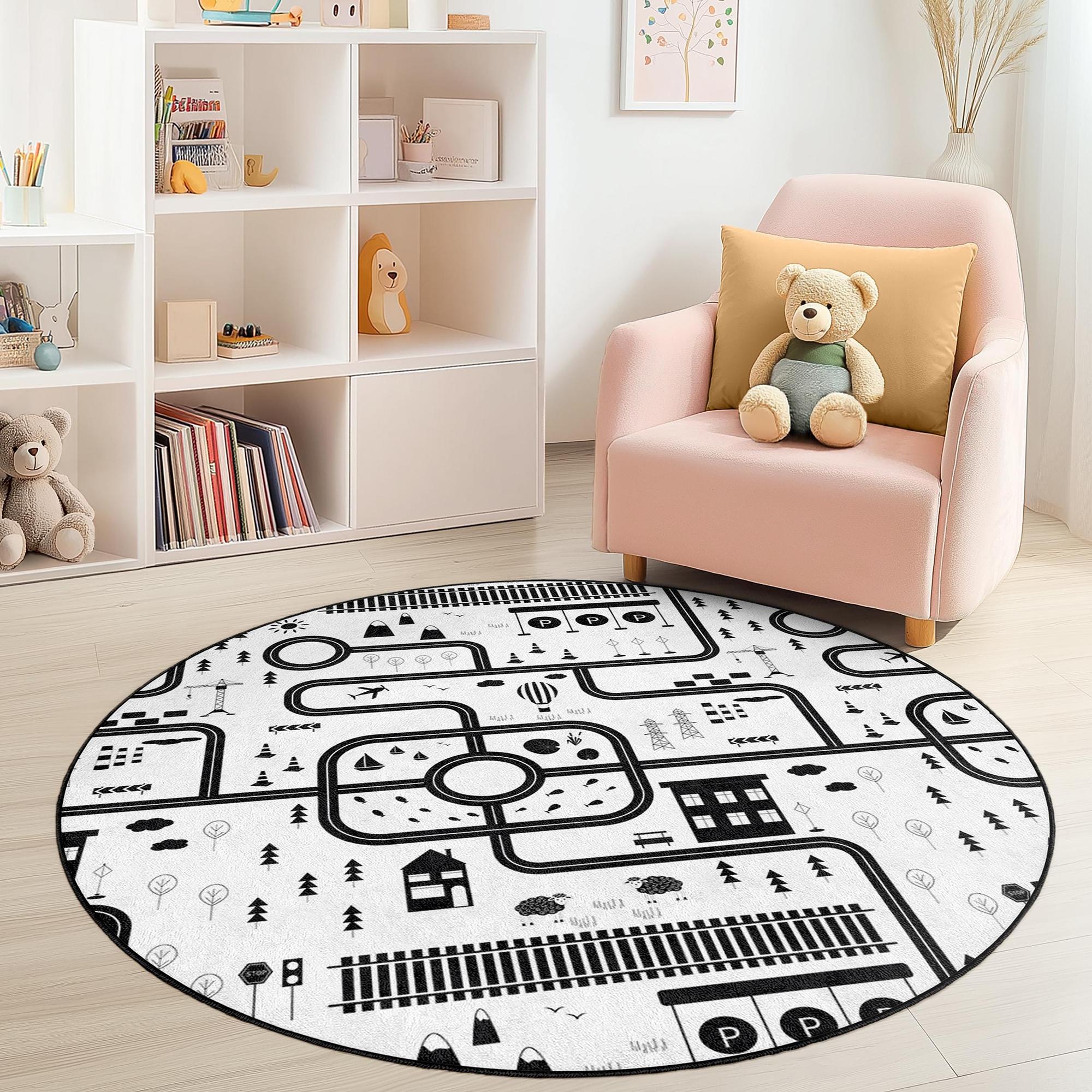 Tappeto per bambini con mappa stradale bianco e nero Ø150cm 2