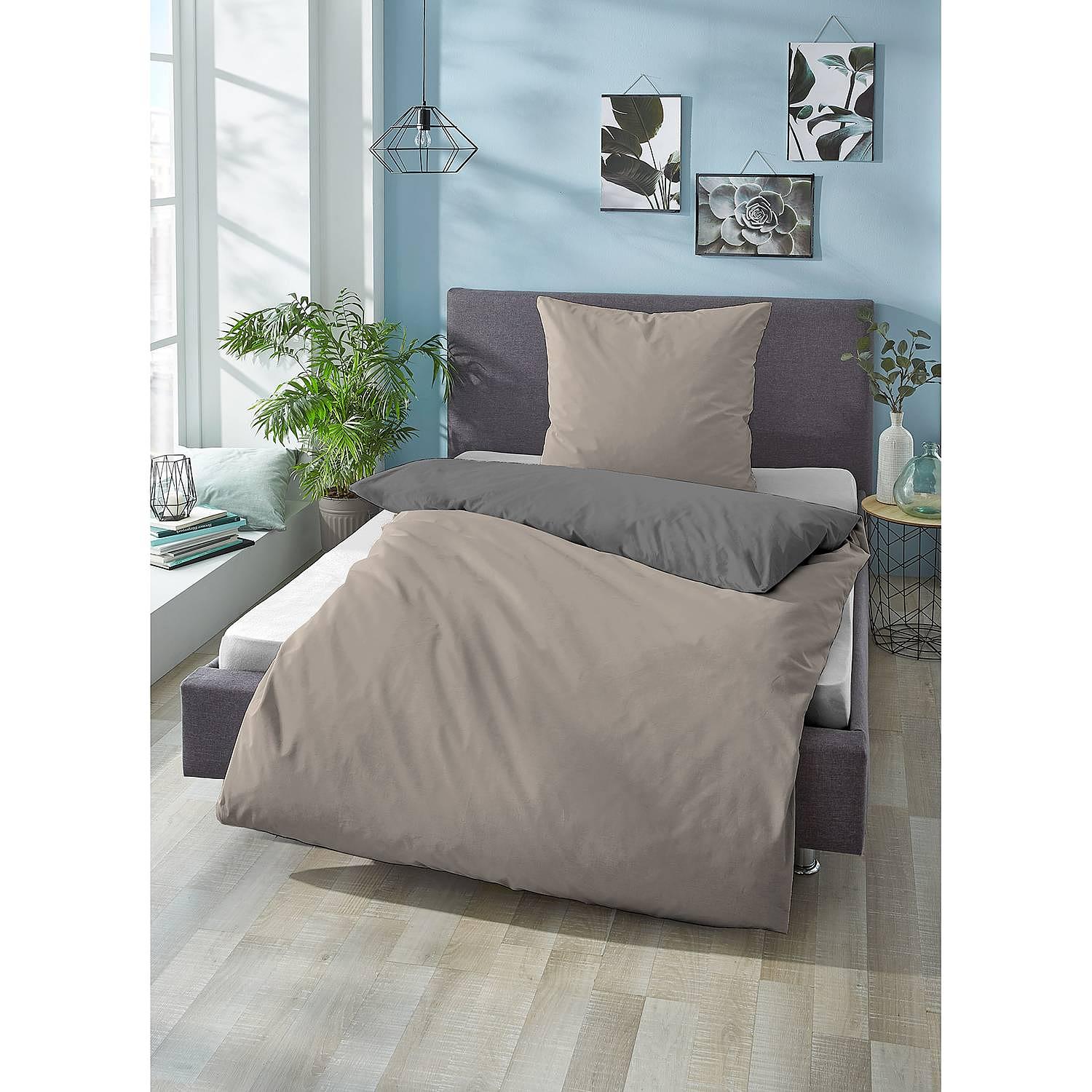 Linon Bettwäsche Baumwolle Taupe 155x220cm Kissen 80x80cm 2